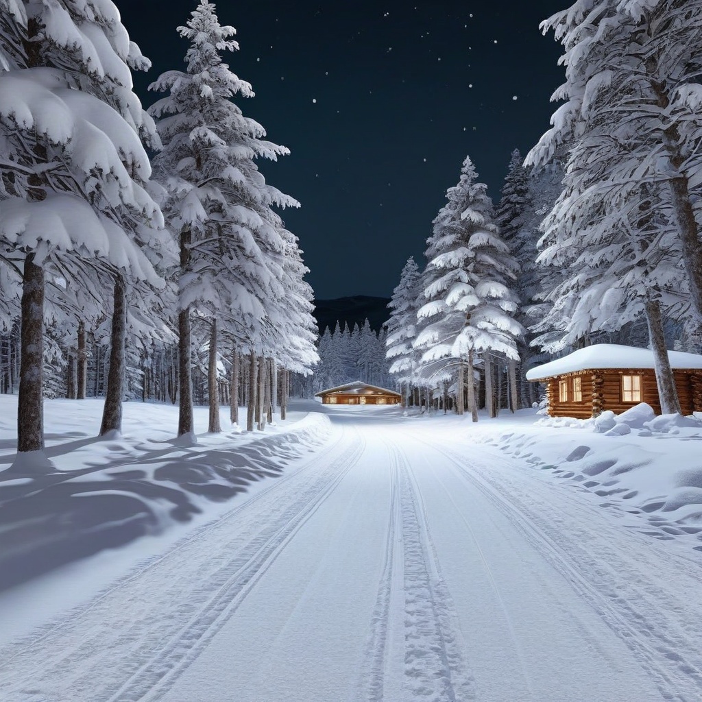 A realistic photo of snow road in winder resort1 at night,  snow,  tree on Tensor.Art