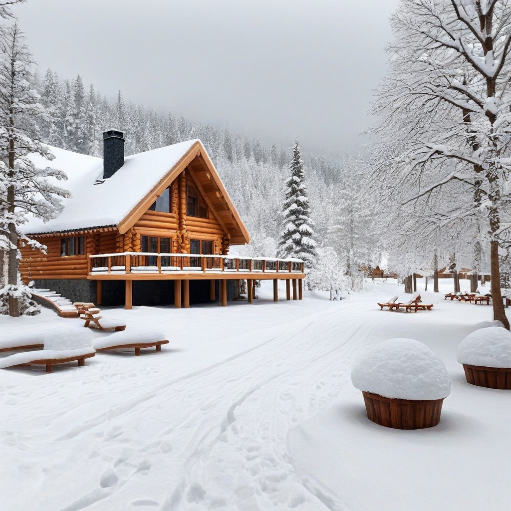A realistic photo of resort cabin,  snow,  tree on Tensor.Art