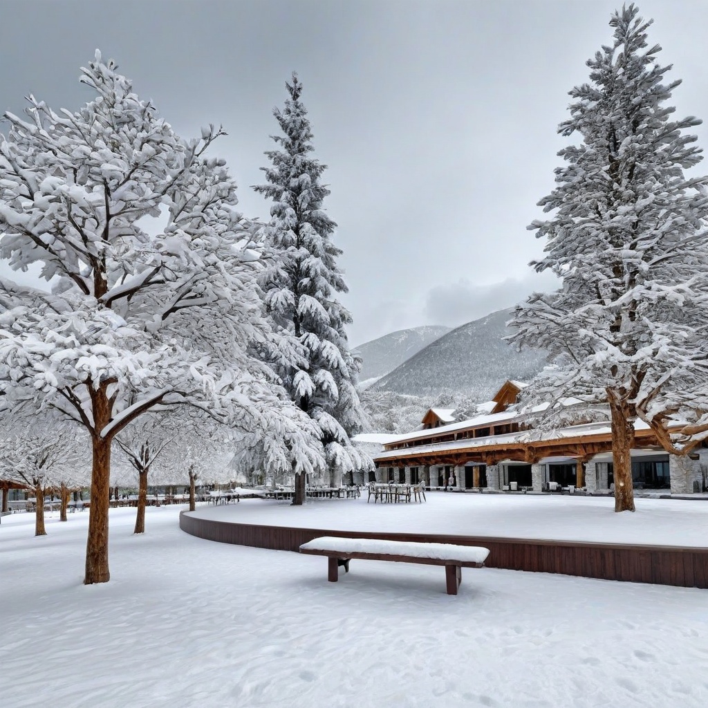A realistic photo of resort center,  snow,  tree on Tensor.Art