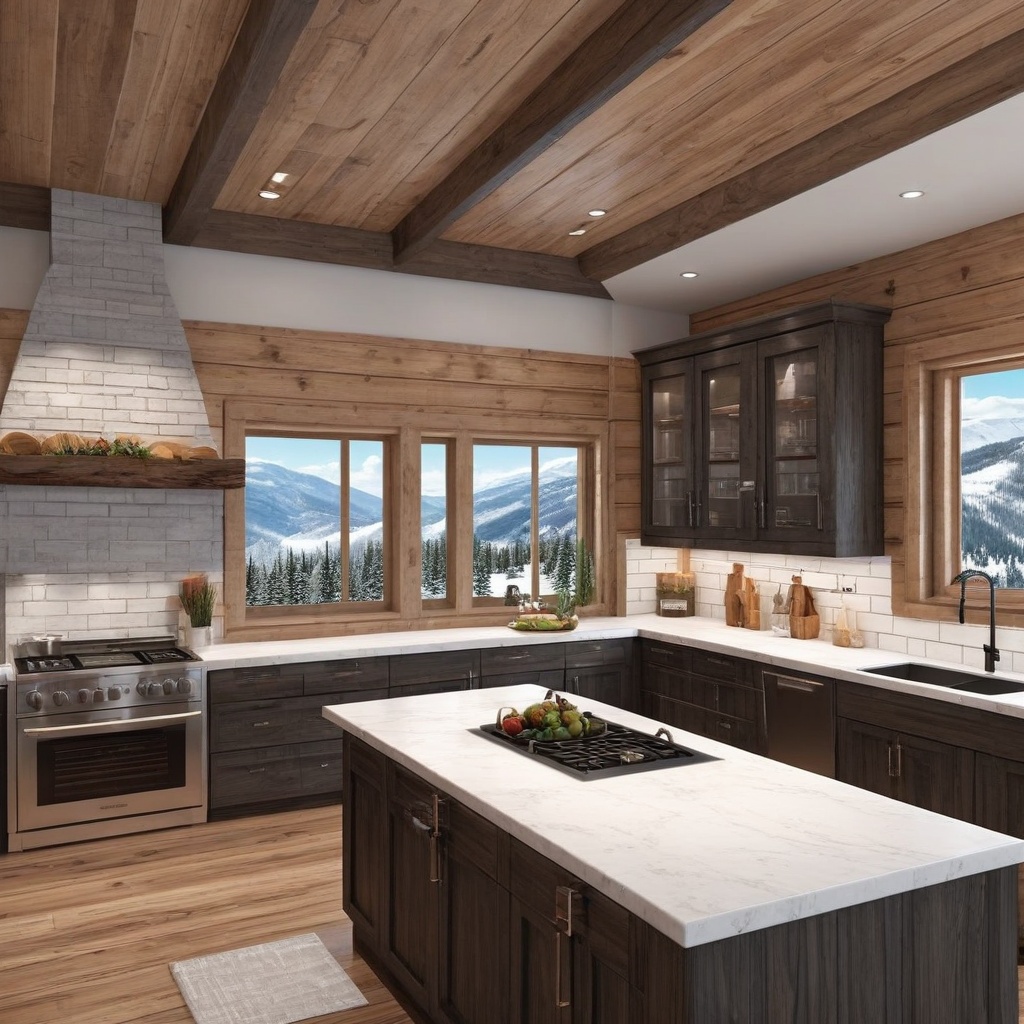A realistic photo of kitchen in luxury cabin of winder resort1,  modern luxury cabin,  winter resort1 on Tensor.Art