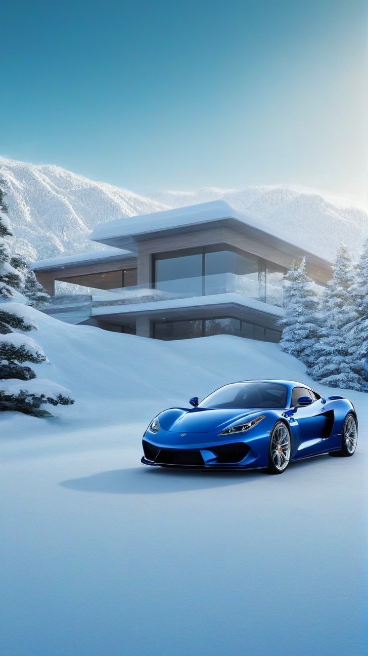 (Hyper-realistic) portrait of a stunning sports car parked in front of a house,  resort house,  resort cabin on Tensor.Art
