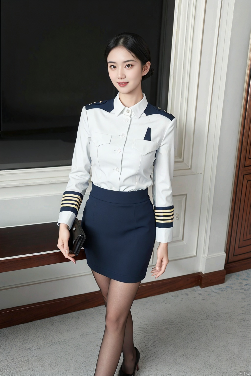 (8k, RAW photo, best quality, masterpiece:1.2), (realistic, photo-realistic:1.37),long shot,1girl,smiling,ulzzang-6500-v1.1, wearing AIRASIA UNIFORM with high heels and D20,cute, at busy airport lounge, professional lighting, photon mapping, radiosity, physically-based rendering, blue uniform