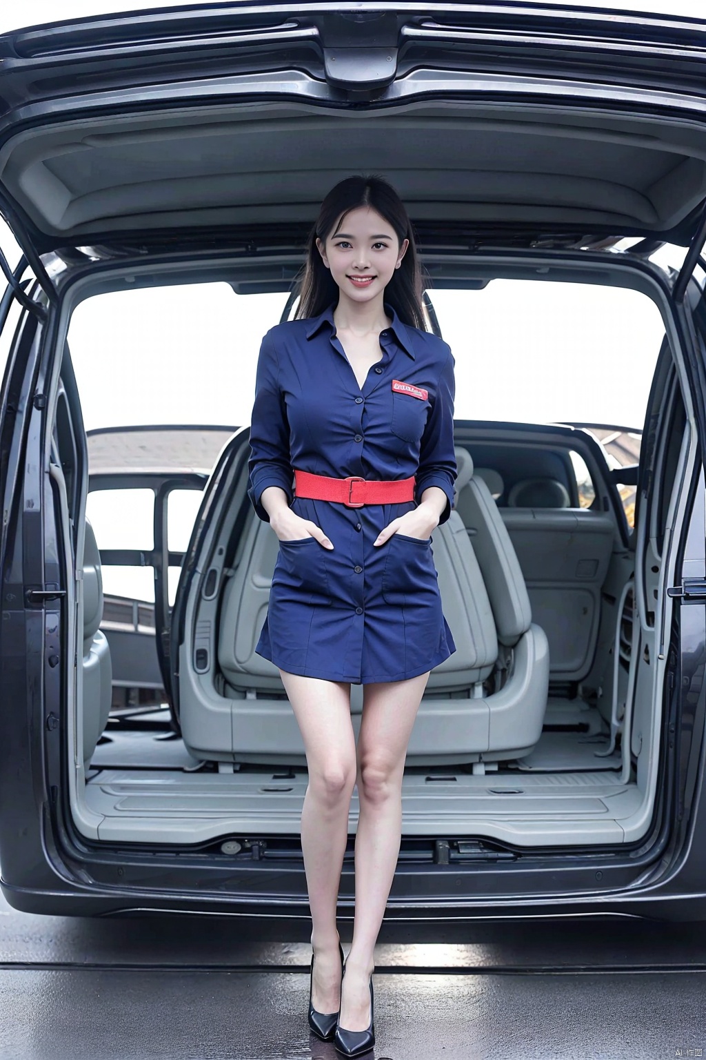 (1girl:1.3), (best quality, masterpiece, ultra high resolution),(photorealistic:1.3), (realistic:1.3), depth of field,(full body:1.2), (outdoors:1.2), (day:1.2), (cinematic lighting:1.2), (dim light:1.2), (in autumn, cyberpunk, city, kowloon, rain),(closed mouth), (light smile:1.2), (expressive hair:1.2), (floating hair:1.2), (button-down:1.2),busty, vivacious and seductive, (only one girl:1.2),(standing:1.2), (slender), (slender legs), (long legs:1.3), (looking at viewer, facing viewer:1.2), (pov:1.3), (sfw:1.4), (One hand insertion pocket:1.2), (straight-on:1.2), (large breasts:1.2),, in a car