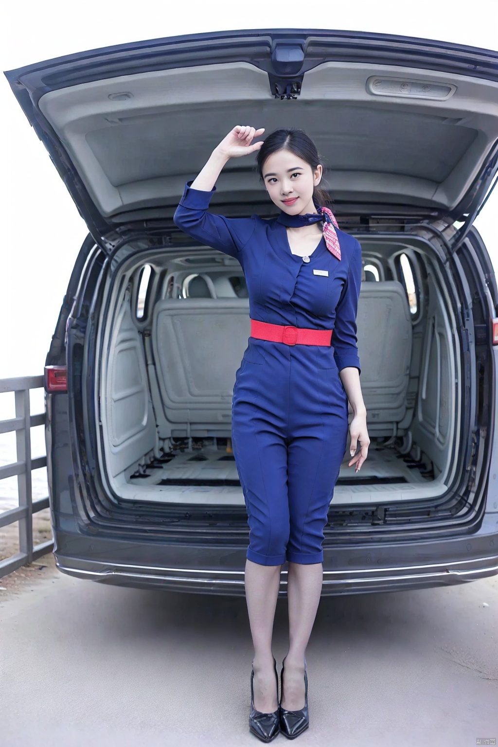 (1girl:1.3), (best quality, masterpiece, ultra high resolution, 4K, HDR, UHD, 64K), (photorealistic:1.3), (realistic:1.3), depth of field, charming, happy, solo,(full body:1.5), outdoors, day, sunlight, cubicle_1_cubicle, (skinny:1.3),closed mouth, light smile, floating hair, long hair, dark brown hair, (standing:1.2), vivacious and seductive, slim legs, Slender legs, short thin waist, (only one girl:1.2), (large breasts), (from below:1.3), looking down, (5 fingers:1.4, perfect hand:1.3, detailed hand, high quality hand:1.3), (family friendly:1.3), silk scarf