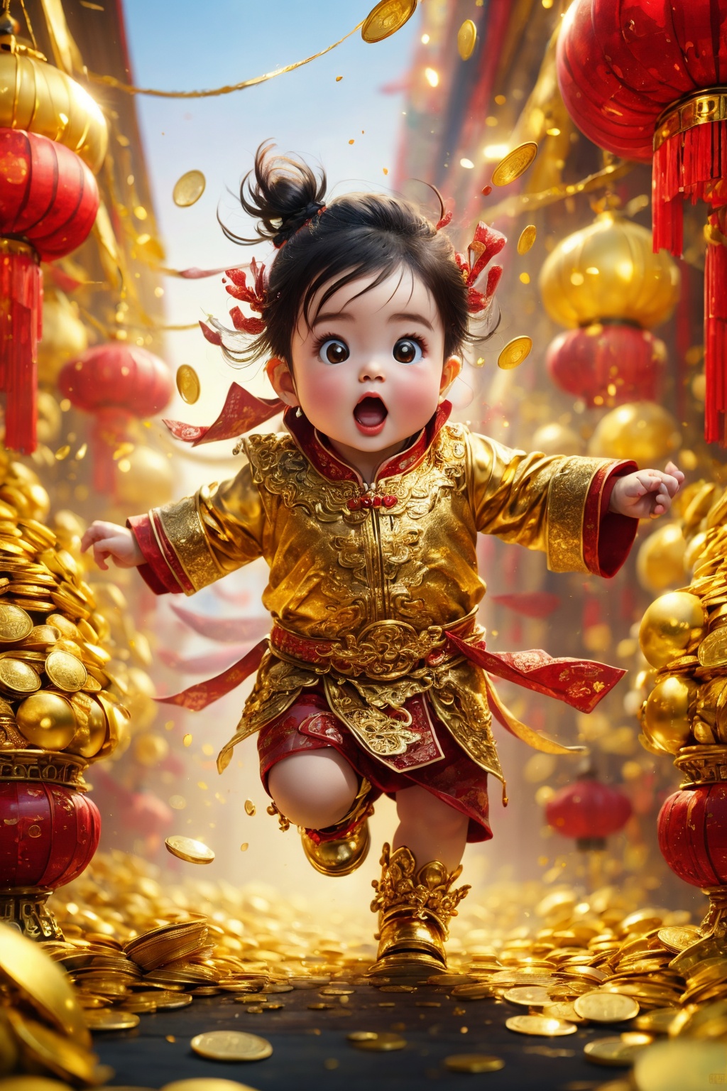(best quality,4k,8k,highres,masterpiece:1.2), god of wealth, spring Festival elements, gold, gold, gold, red, baby, run to the audience, Blurred Background, Scattered, splashed riches, solo, ultra hd, (best quality), high detail, 8k, holding, running background, looking