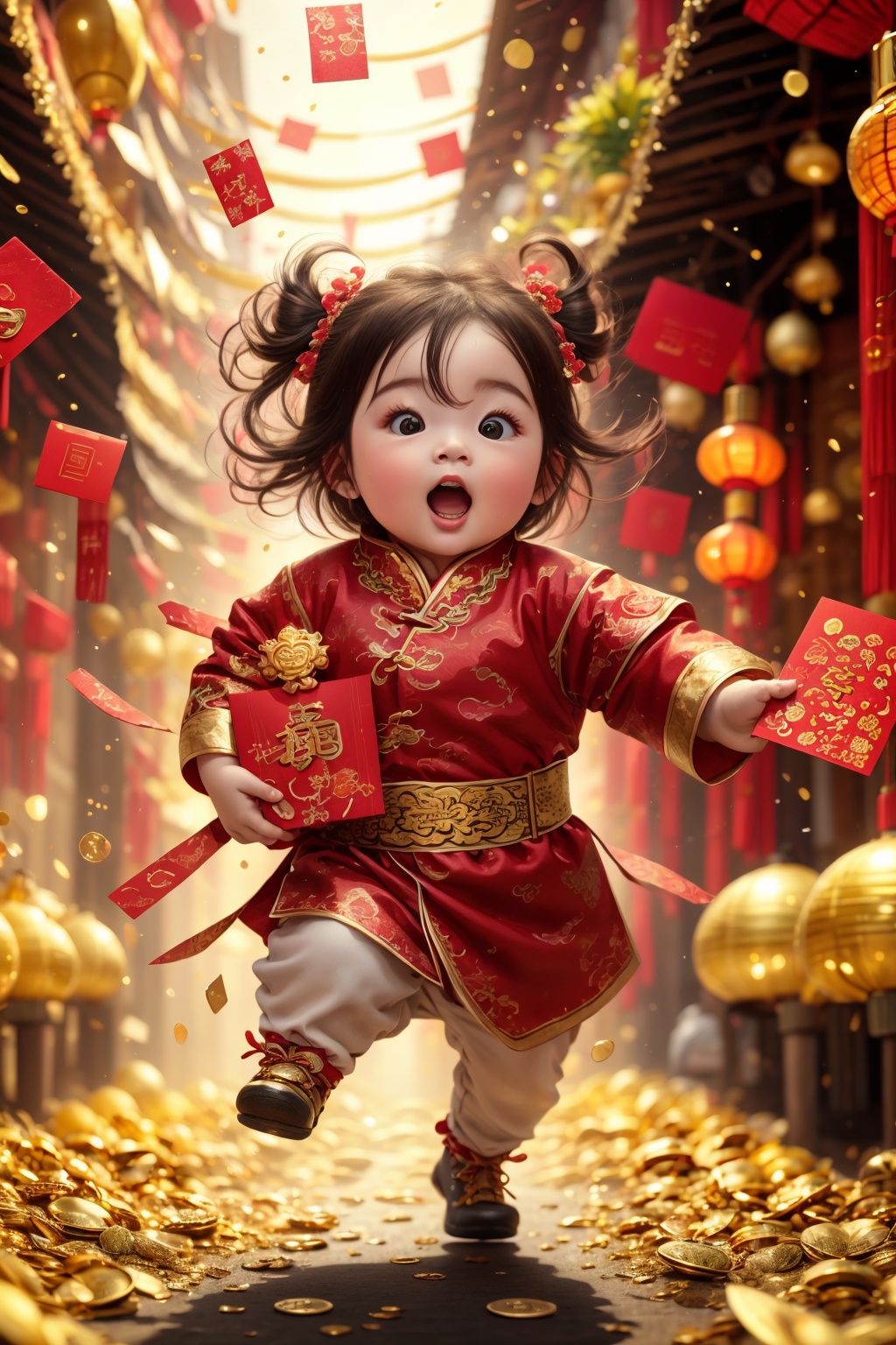 (best quality,4k,8k,highres,masterpiece:1.2), red envelope rain, many red envelopes, golden light, particle effects, spring Festival elements, red envelope, red,girl, run to the audience, Blurred Background, Scattered, splashed red envelope, solo, ultra hd, (best quality), high detail, 8k, holding, running, background