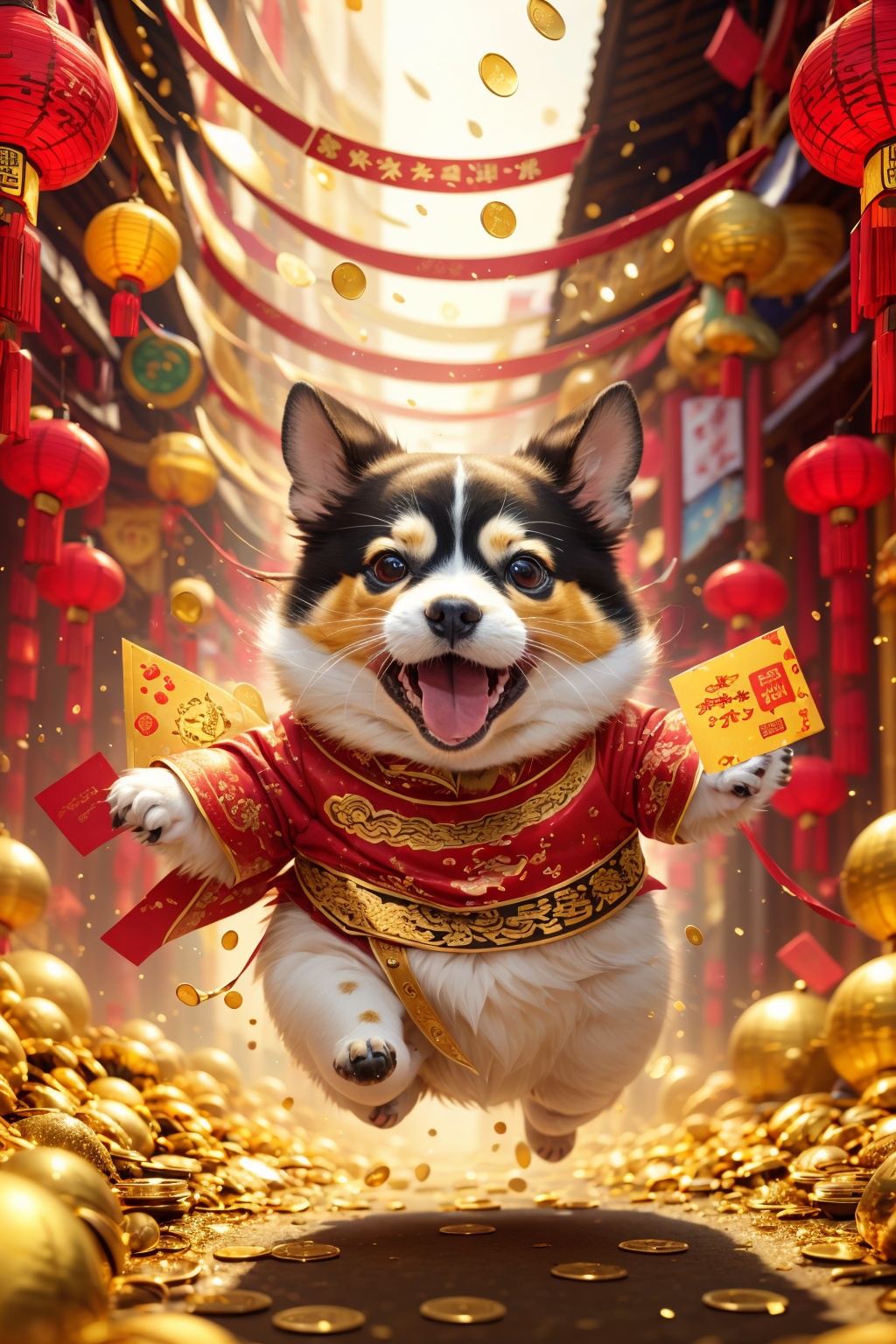 (best quality,4k,8k,highres,masterpiece:1.2), red envelope rain, many red envelopes, golden light, particle effects, spring Festival elements, red envelope, red,dog, run to the audience, Blurred Background, Scattered, splashed red envelope, solo, ultra hd, (best quality), high detail, 8k, holding, running, background