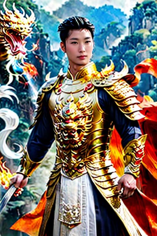 A Asian Dynasty hero full armored swinging his sword into ying yang symbol of fire and water.,  man,  perfect split lighti...