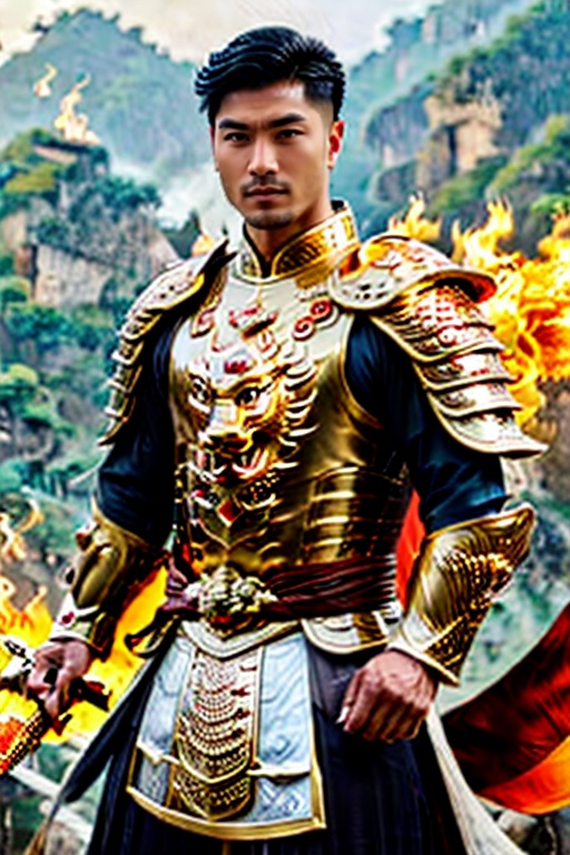 A Asian Dynasty hero full armored swinging his sword into ying yang symbol of fire and water.,  man,  perfect split lighti...