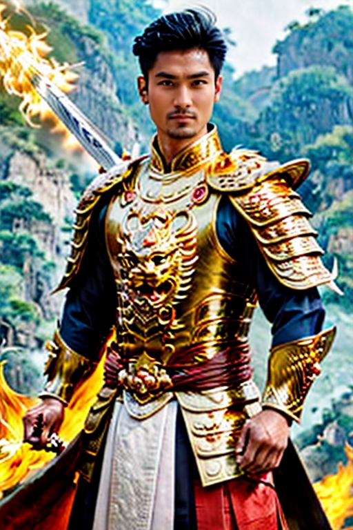 A Asian Dynasty hero full armored swinging his sword into ying yang symbol of fire and water.,  man,  perfect split lighti...
