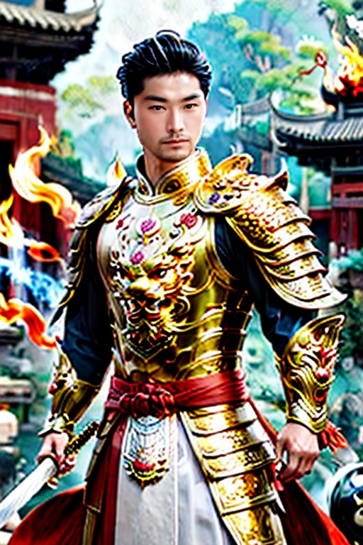 A Asian Dynasty hero full armored swinging his sword into ying yang symbol of fire and water.,  man,  perfect split lighti...