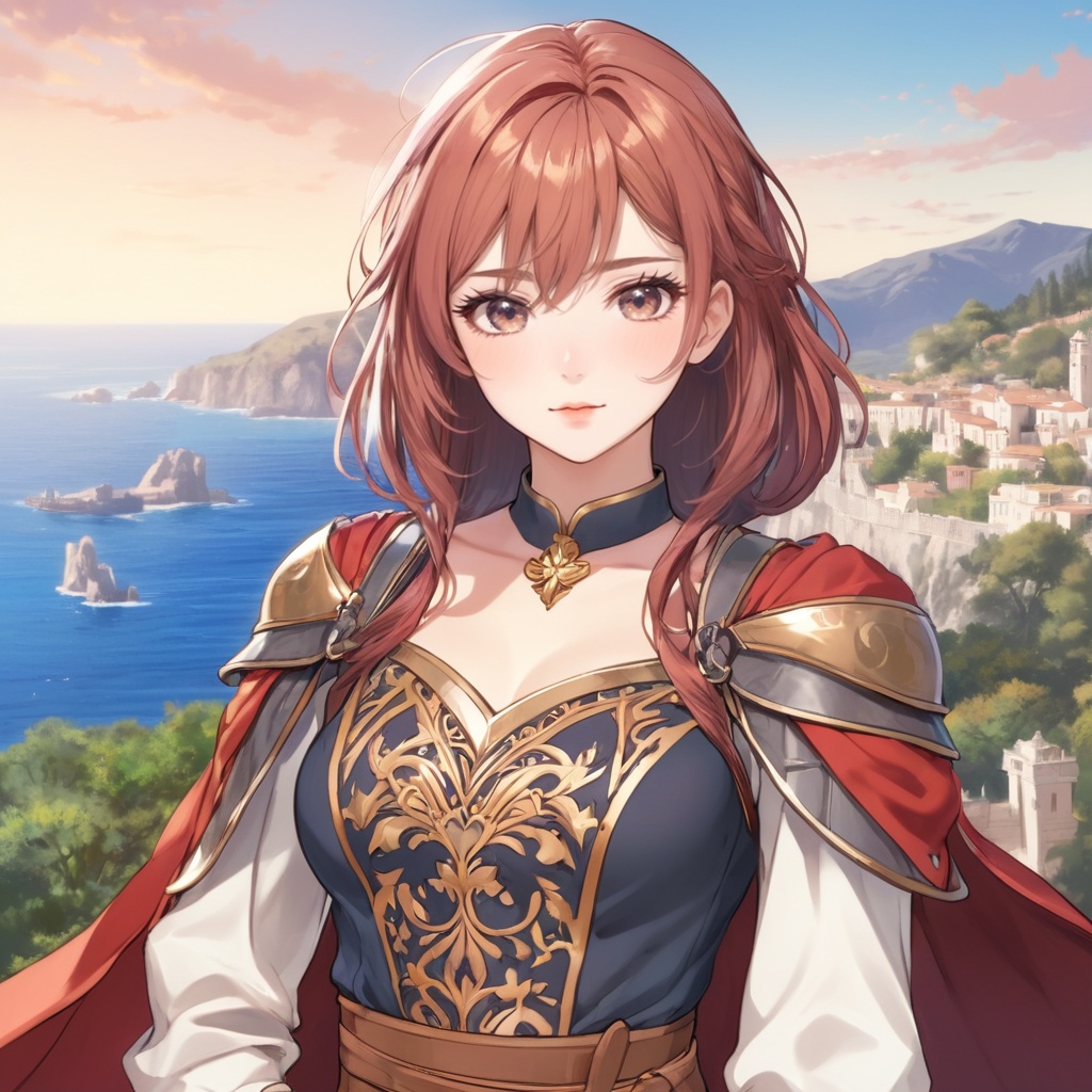 ((Hyper-realistic chest photo ((with anime style)) of a beautiful Mediterranean **** woman,  ((with a brave facial express...