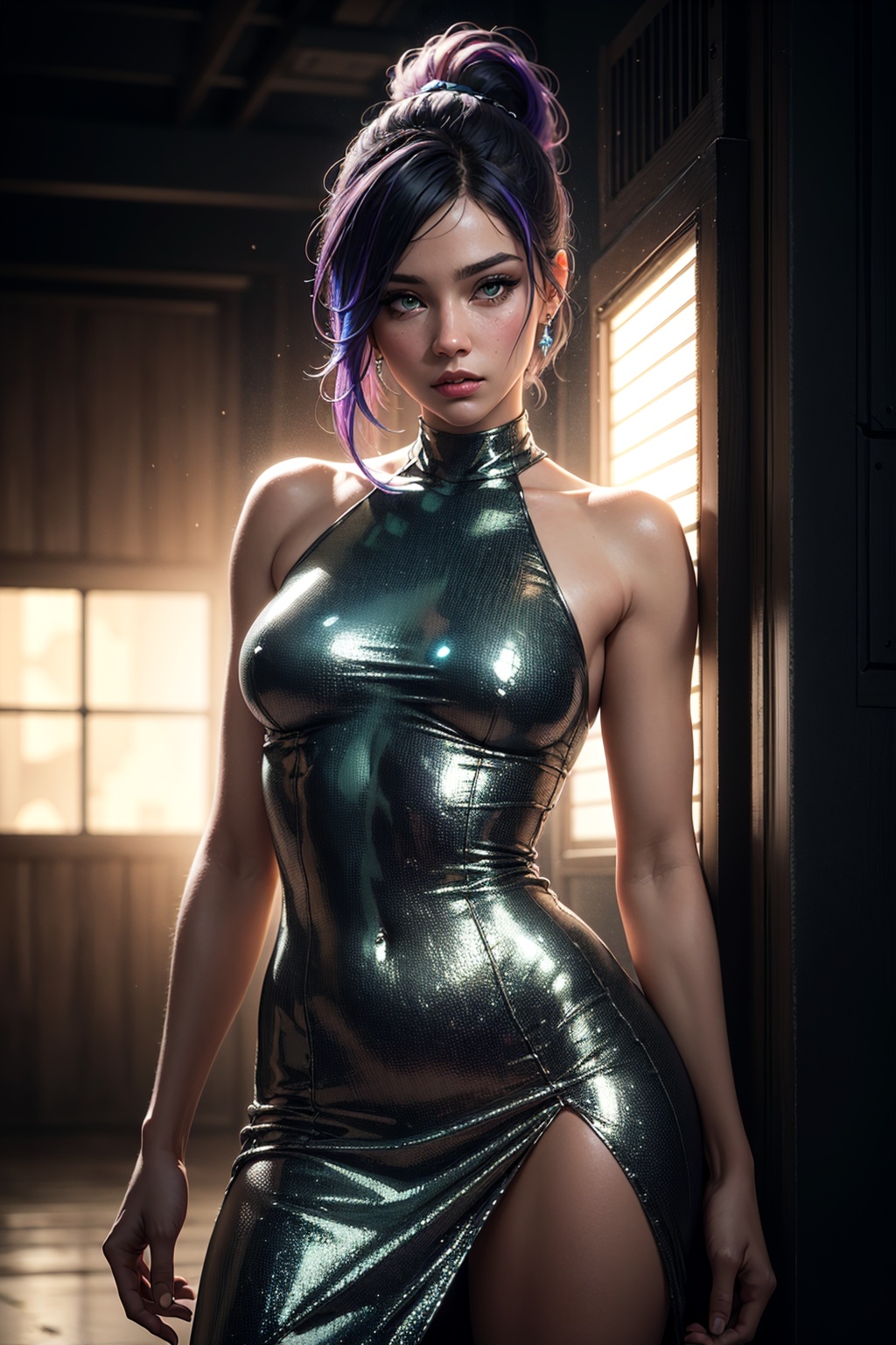 rainbow hair,  wearing metallic iridescent dress,  young round cute face on Tensor.Art