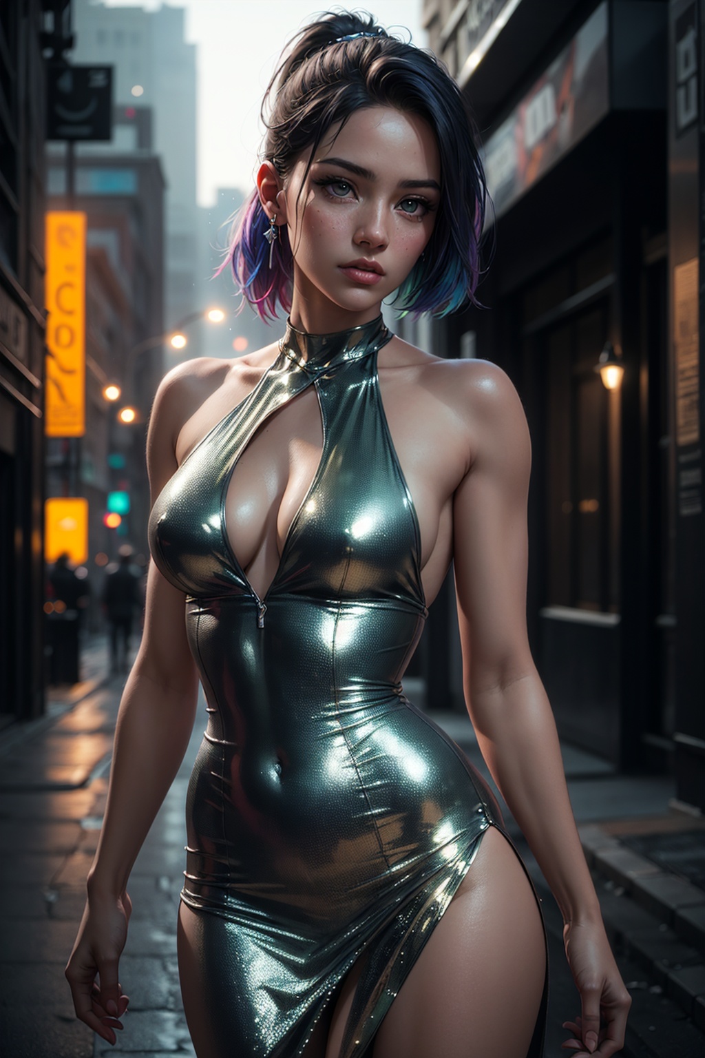 rainbow hair,  wearing metallic iridescent dress,  young round cute face on Tensor.Art