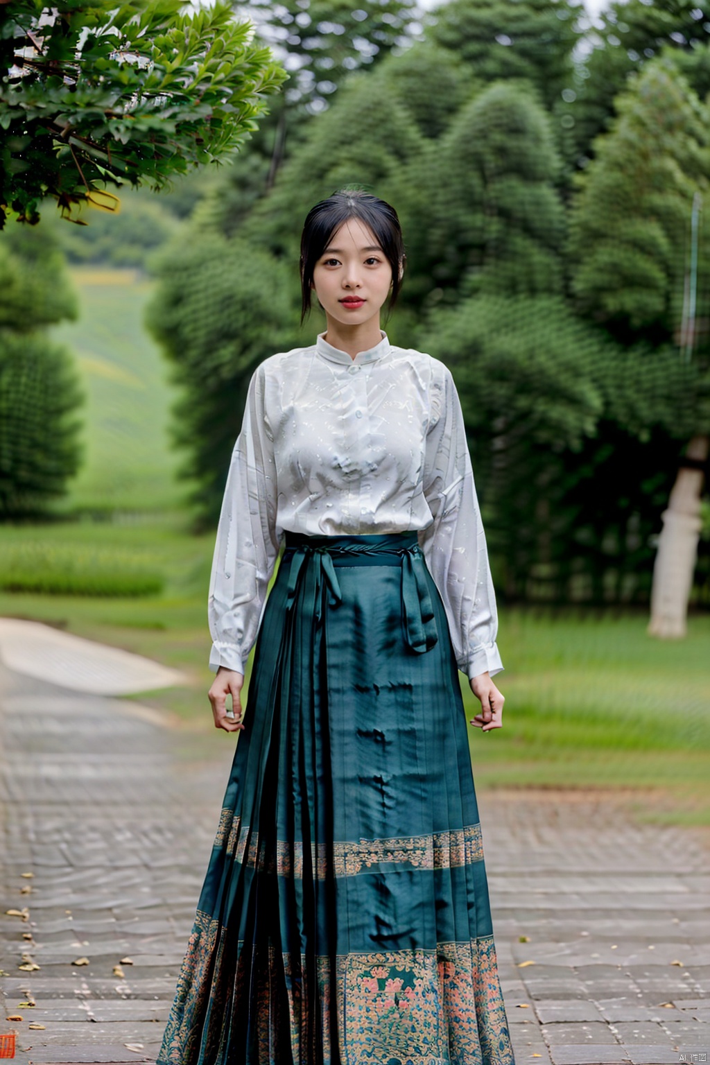 (global illumination, reality,ray tracing, HDR, unreal rendering, reasonable design, high detail, masterpiece,best quality, ultra high definition, movie lighting),
1girl,outdoor,looking_at_viewer,side_blunt_bangs,china_dress,chinese_style,big breasts,pose,solo,1girl,black hair,black eyes, hanfu
