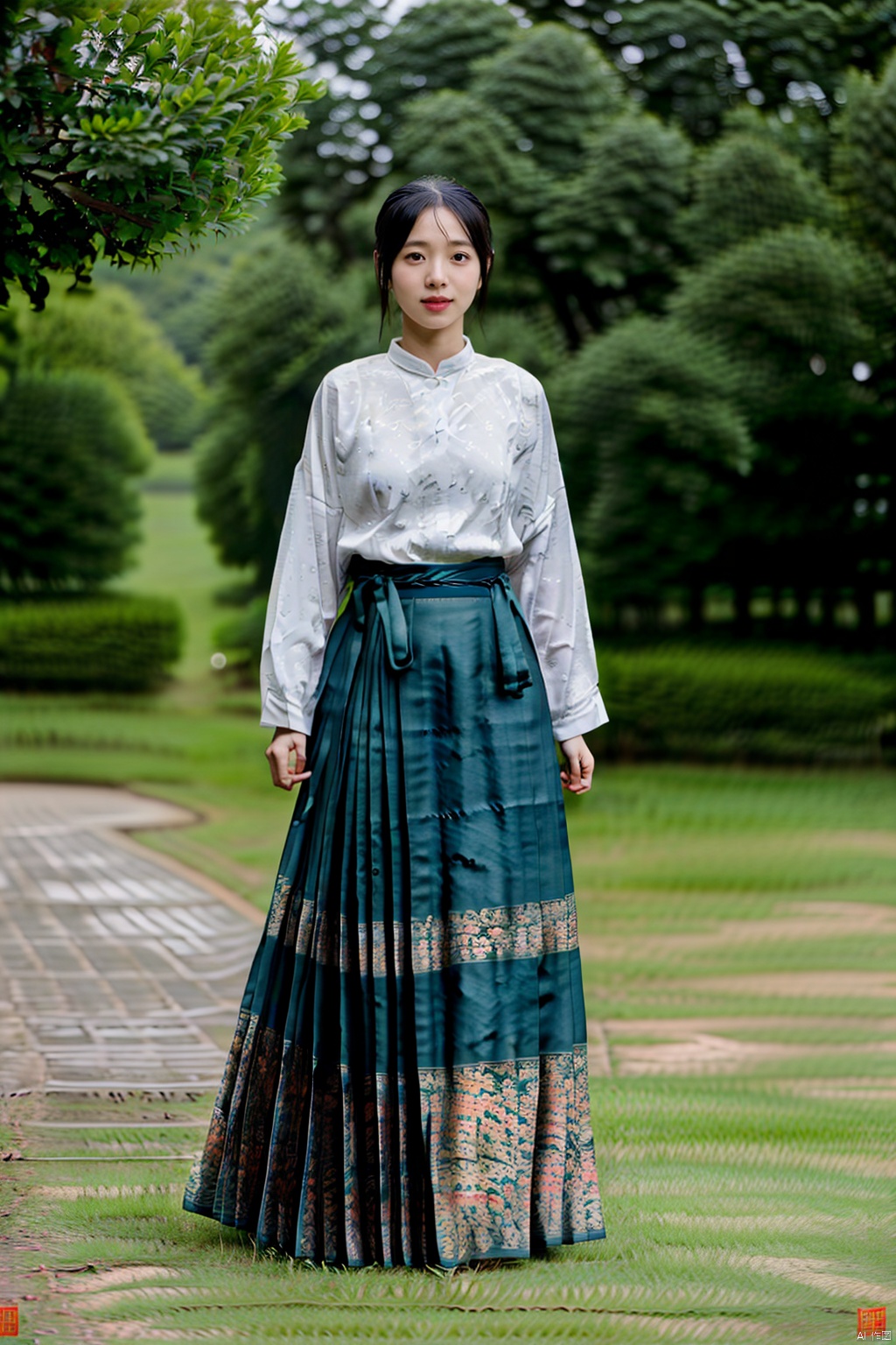 (global illumination, reality,ray tracing, HDR, unreal rendering, reasonable design, high detail, masterpiece,best quality, ultra high definition, movie lighting),
1girl,outdoor,looking_at_viewer,side_blunt_bangs,china_dress,chinese_style,big breasts,pose,solo,1girl,black hair,black eyes, hanfu