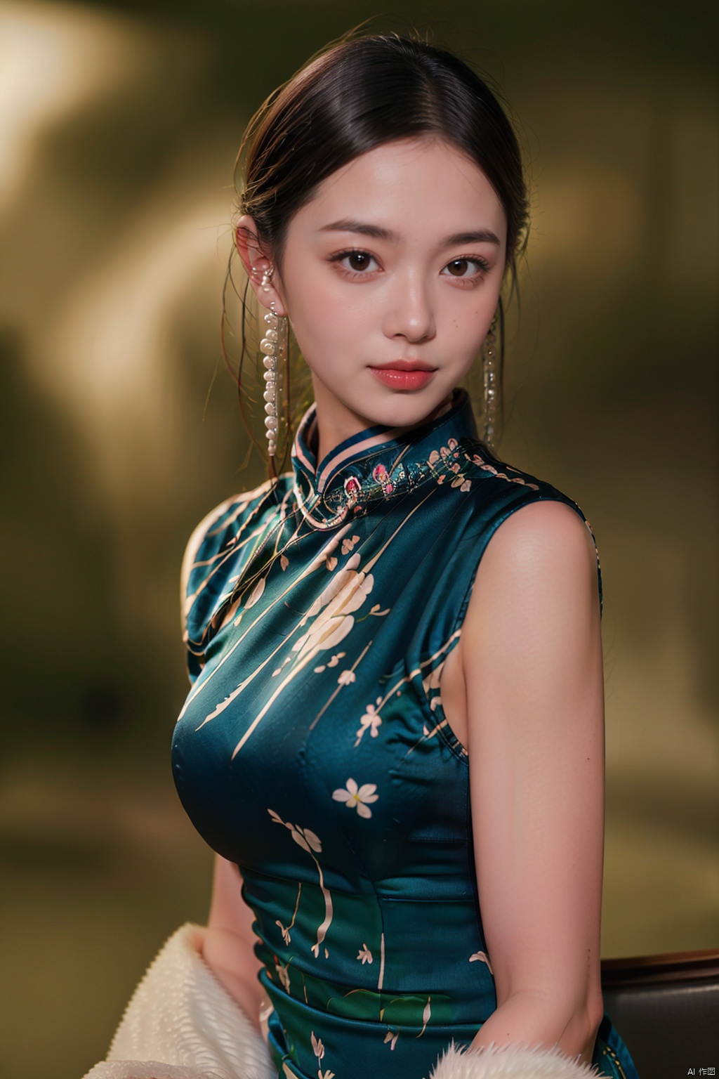 (masterpiece,best quality:1.5), ultra realistic,1girl, long hair, straight hair, portrait, mysterious forest, firefly, bokeh, mysterious, night, sky, cloud,, qipao, pearl