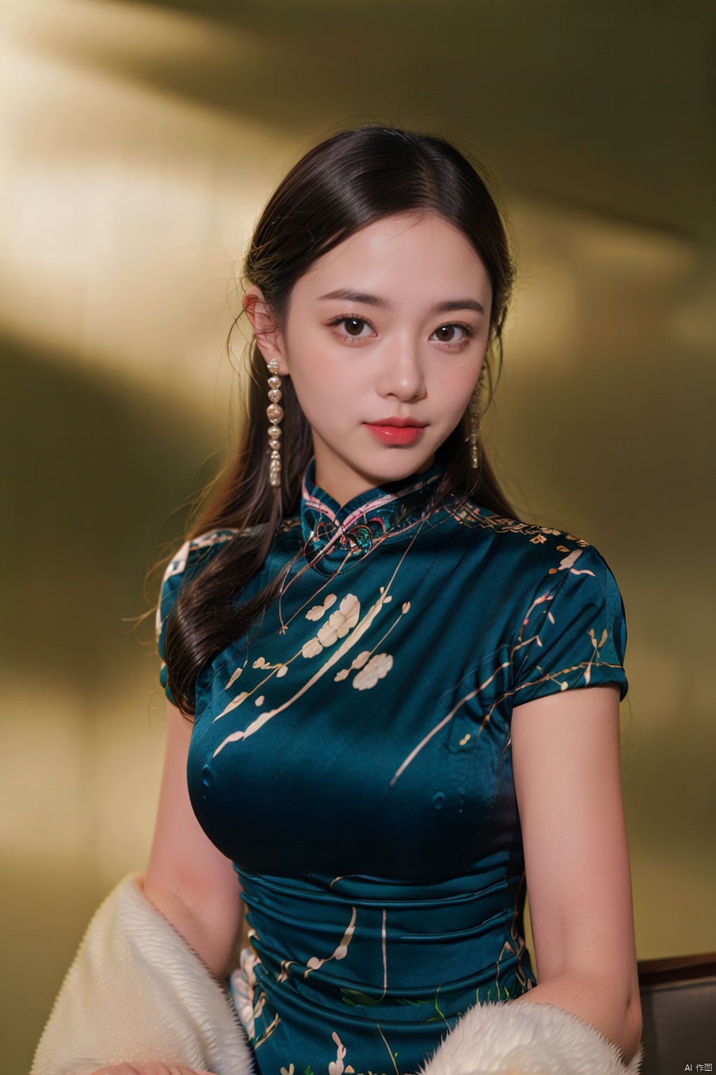 (masterpiece,best quality:1.5), ultra realistic,1girl, long hair, straight hair, portrait, mysterious forest, firefly, bokeh, mysterious, night, sky, cloud,, qipao, pearl