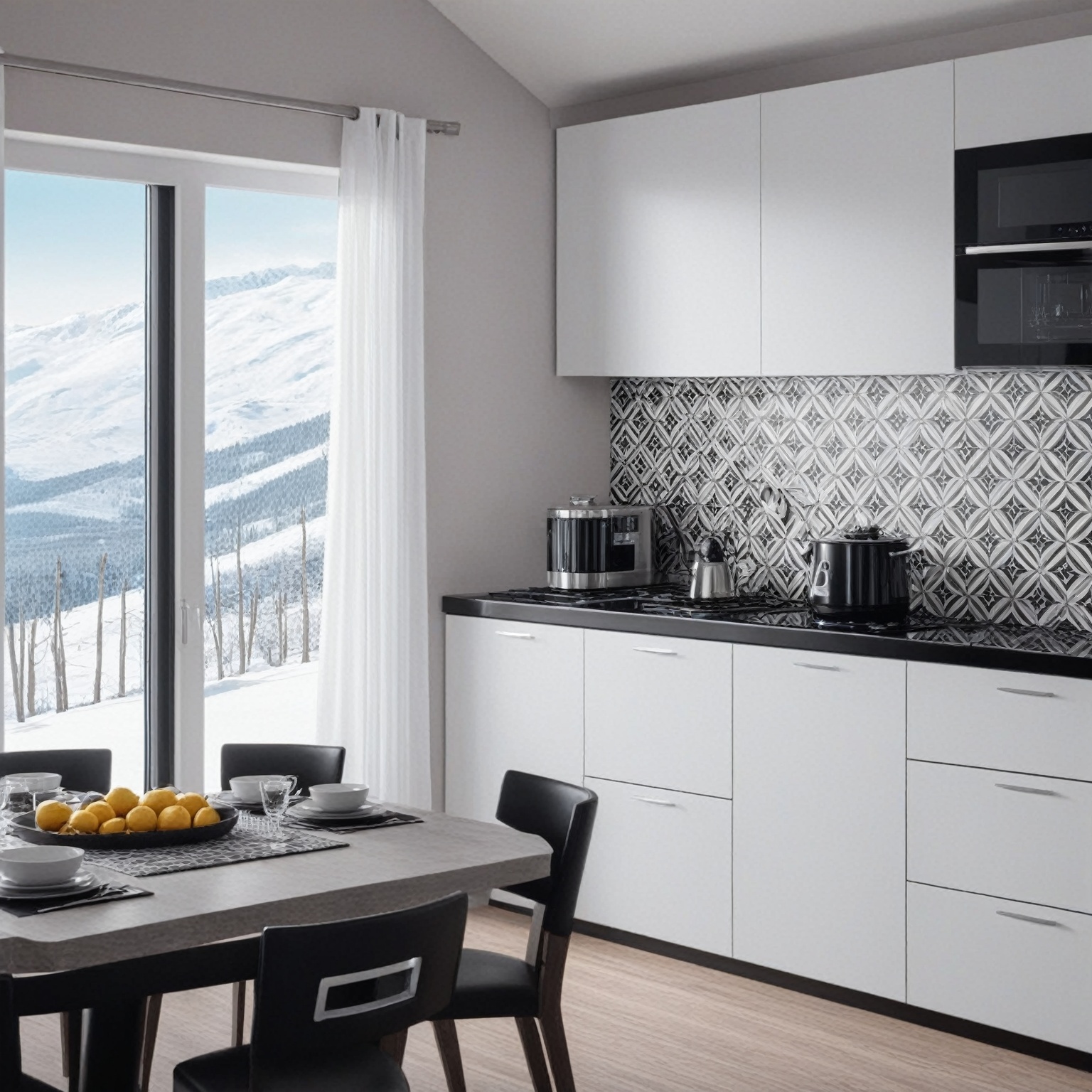A realistic photo of luxurious modern kitchen in a cabin of winter resort,  countertop,  electric stove on Tensor.Art