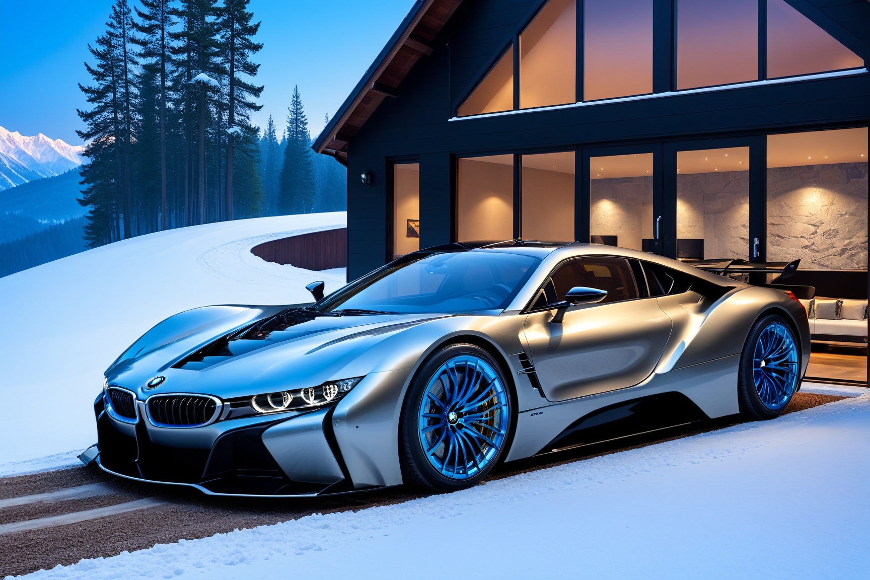 ((Hyper-Realistic)) photo of cabin and a car on a hill:outdoors,  modern style cabin,  (luxurious brick on Tensor.Art