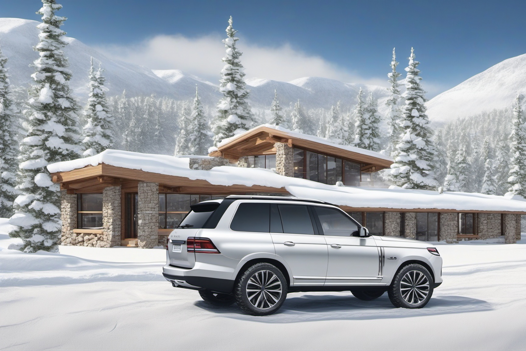 A realistic photo of resort cabin,  modern style cabin,  snow on Tensor.Art