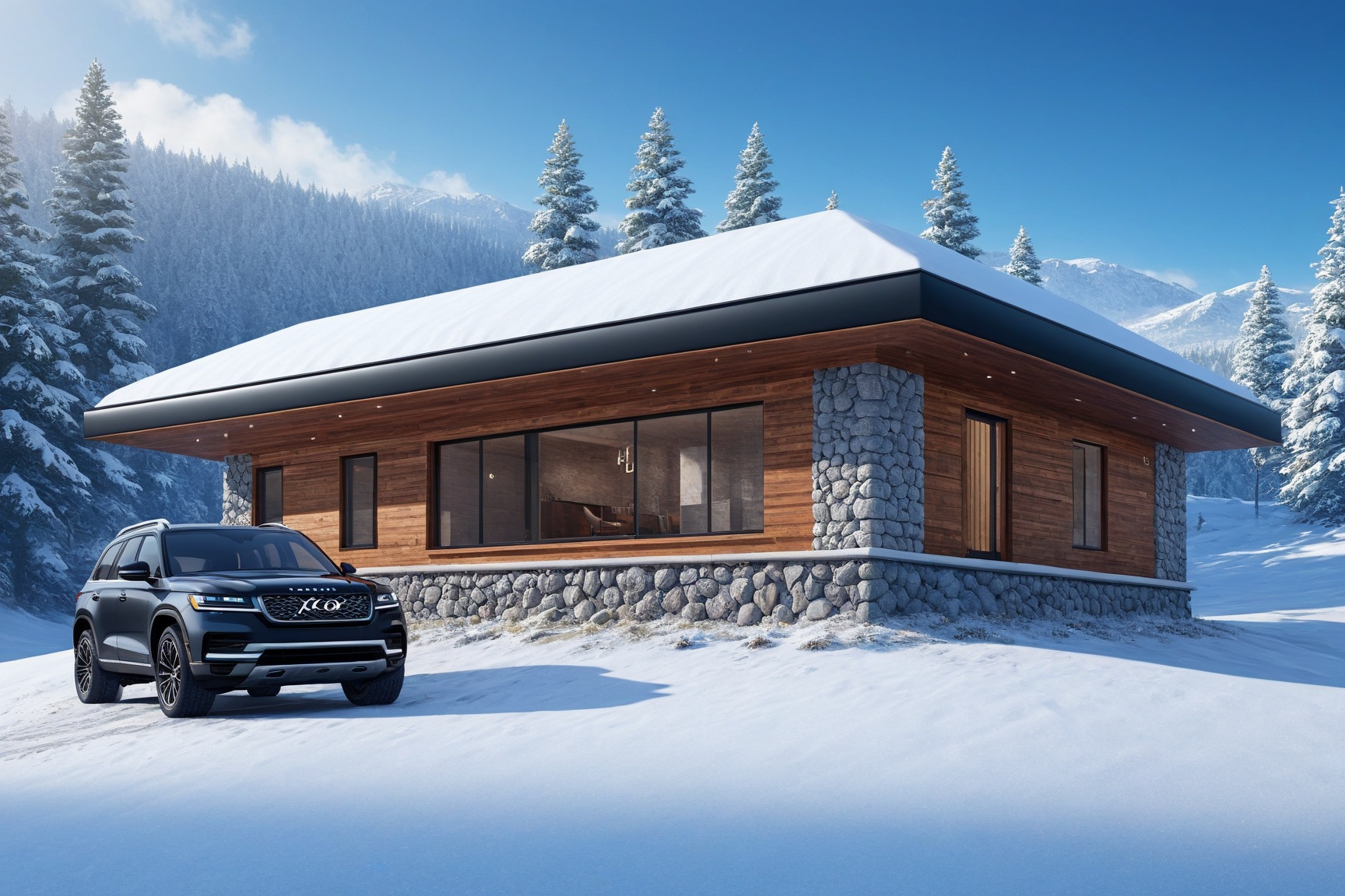 a beautiful ((Hyper-Realistic)) cabin on a hill,  outdoors,  modern style cabin on Tensor.Art