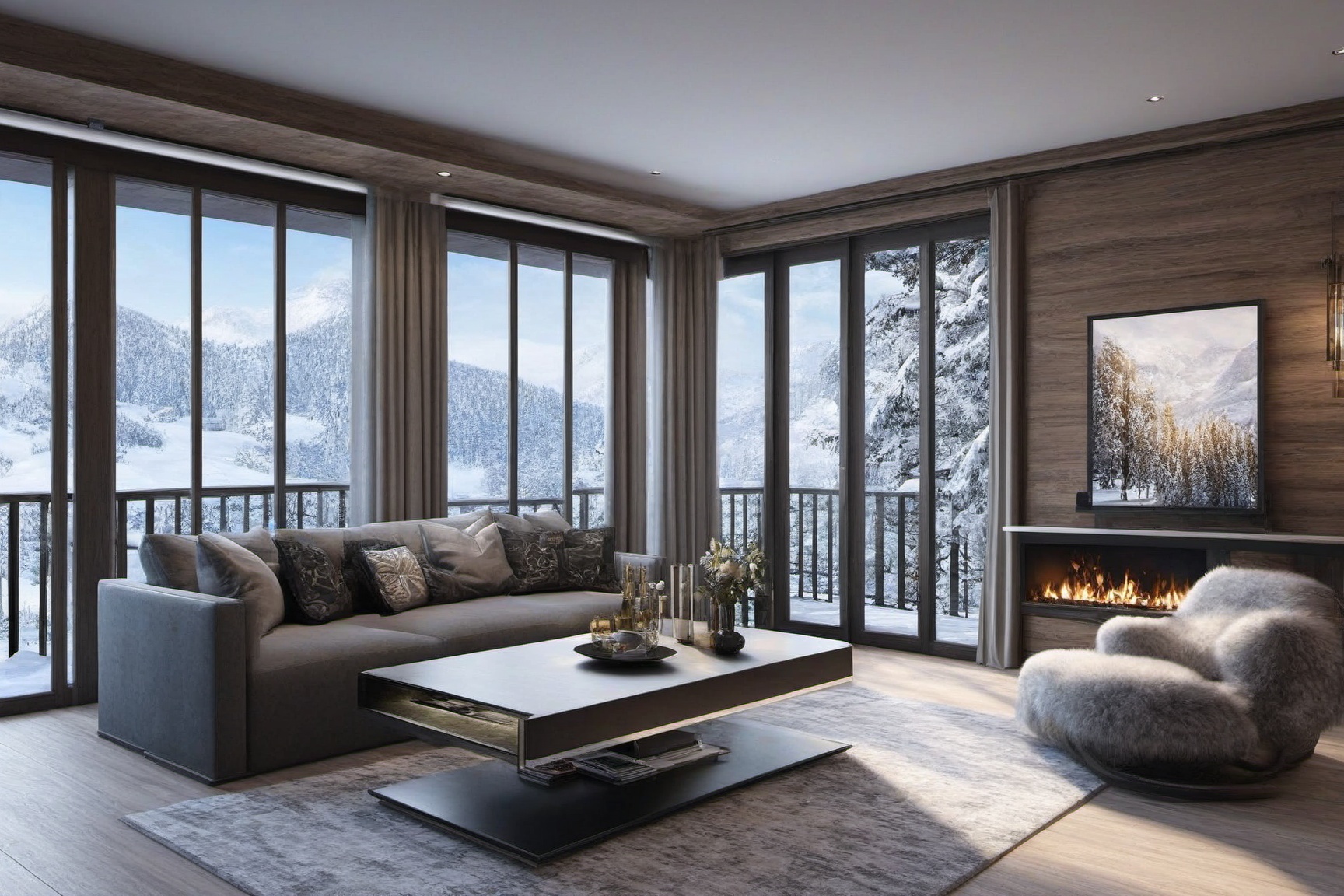 A ultra-realistic photo of livingroom in winder resort cabin,  indoors,  (luxurious furnitures including table on Tensor.Art