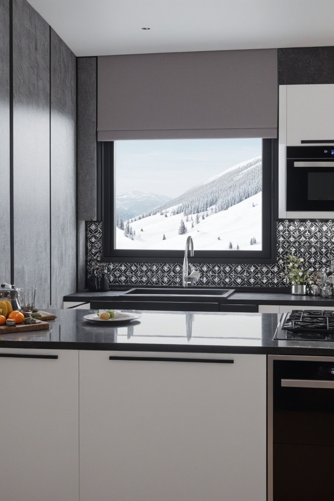 A realistic photo of luxurious modern kitchen in a cabin of winter resort,  countertop,  electric stove on Tensor.Art