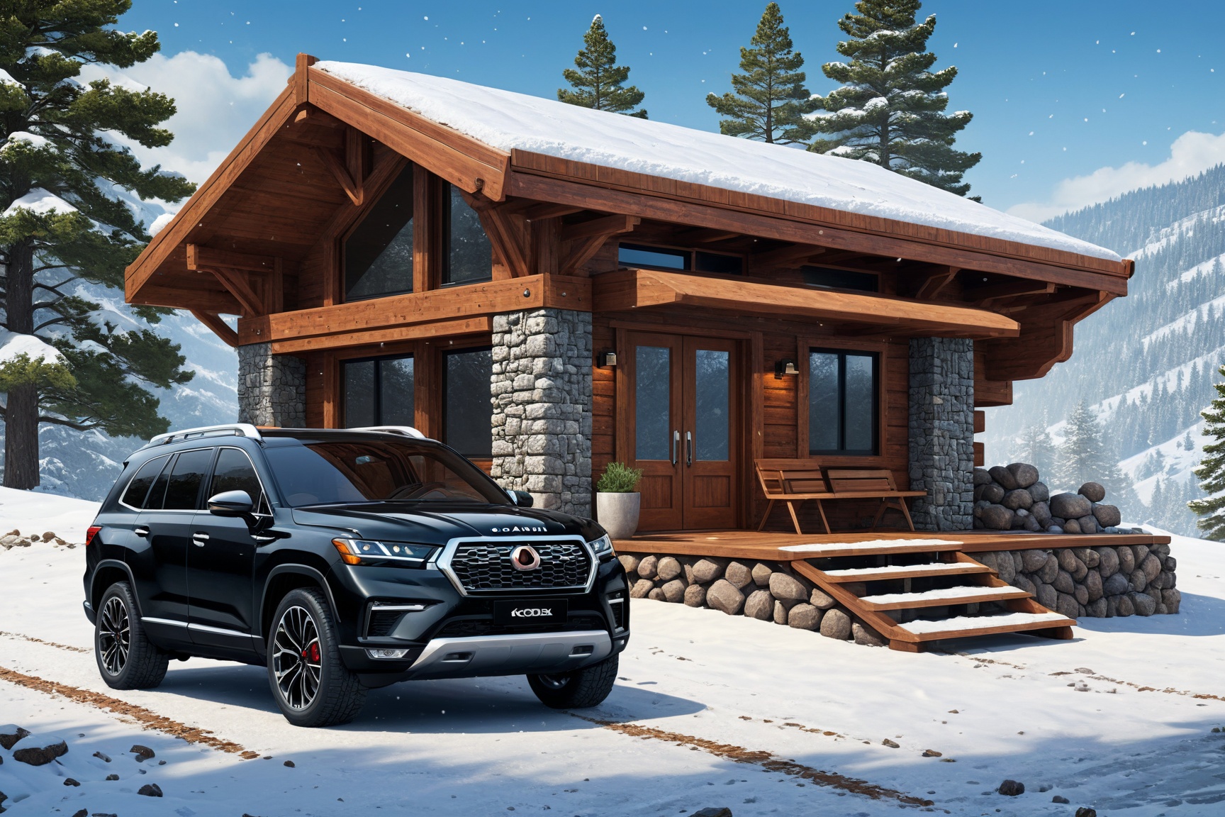 a beautiful ((Hyper-Realistic)) cabin on a hill,  outdoors,  modern style cabin on Tensor.Art
