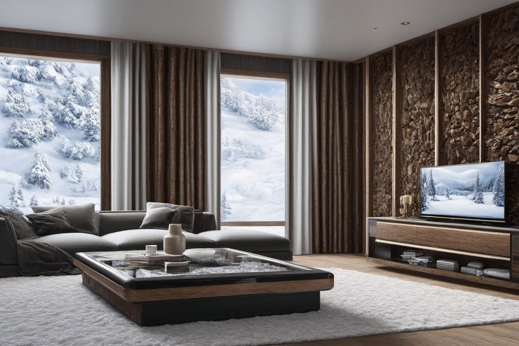 A ultra-realistic photo of livingroom in winder resort cabin,  indoors,  (luxurious furnitures including table on Tensor.Art