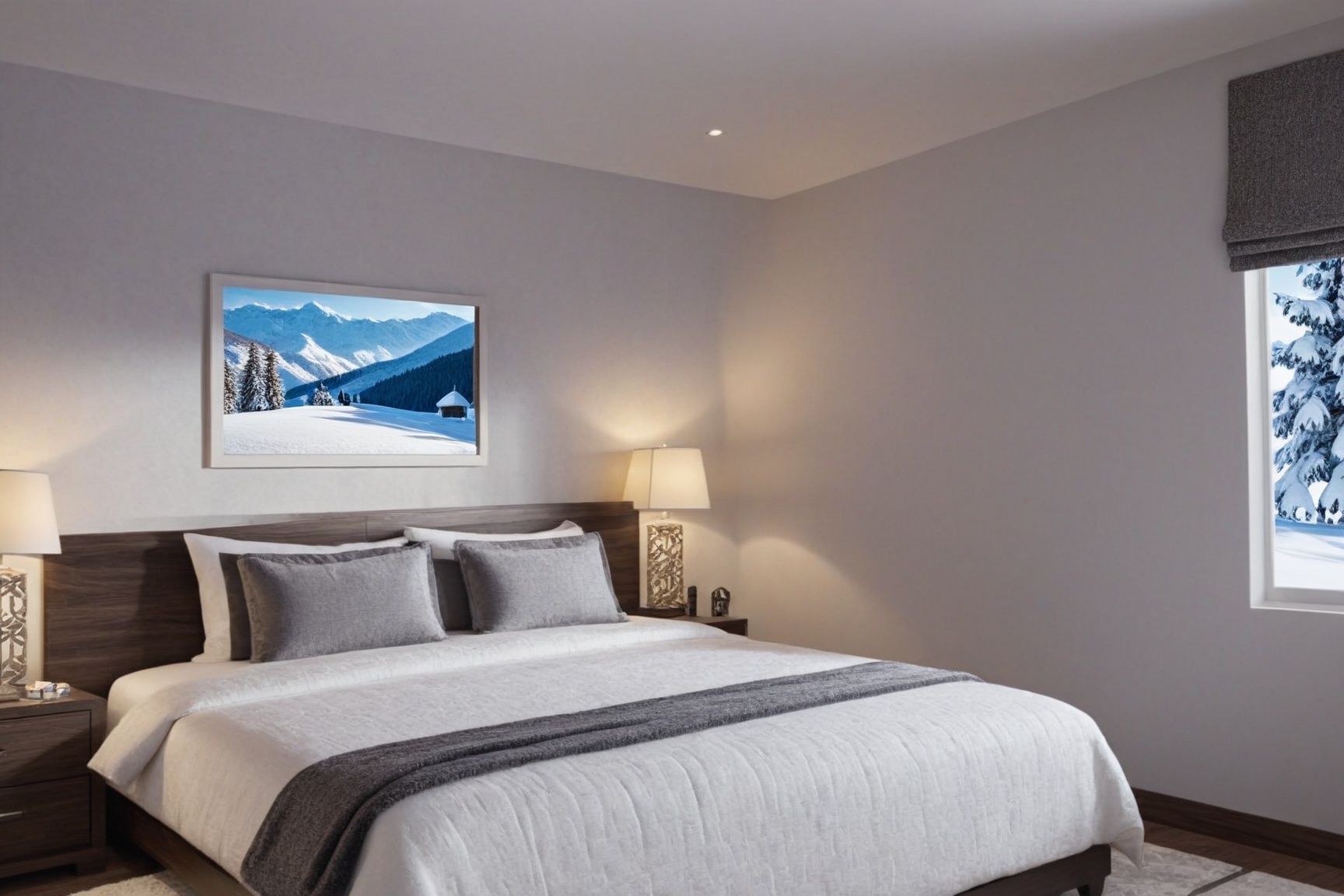 A realistic photo of bedroom in winter resort,  pillow,  lamp on Tensor.Art