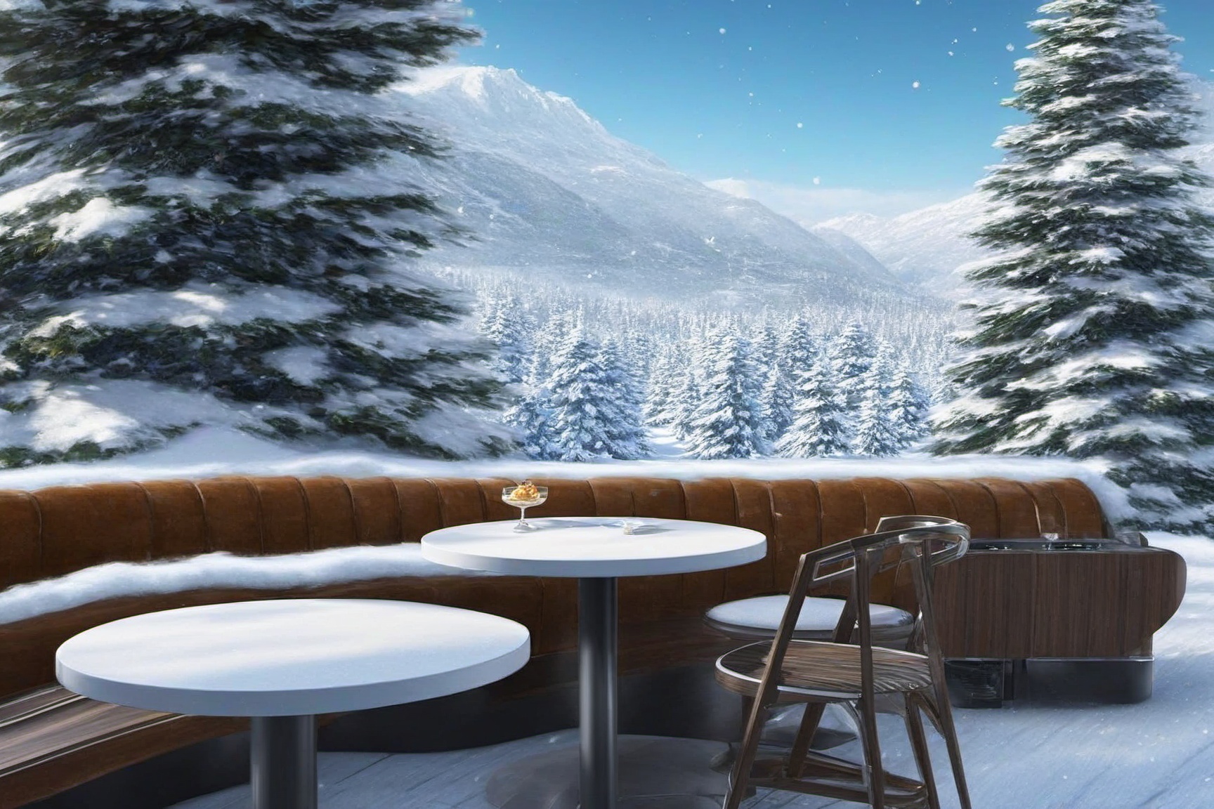 A ultra-realistic photo of cafe in winder resort cabin,  indoors,  (luxurious cafe including table on Tensor.Art