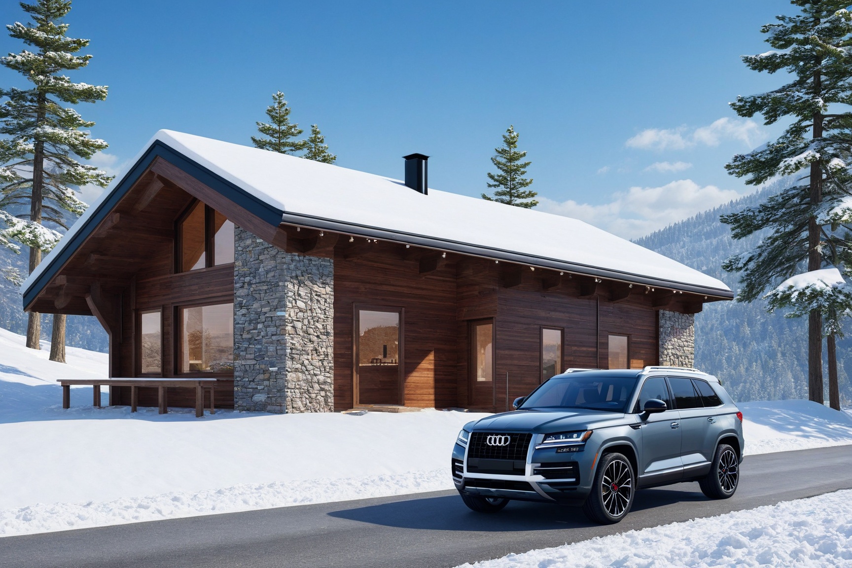a beautiful ((Hyper-Realistic)) cabin on a hill,  outdoors,  modern style cabin on Tensor.Art