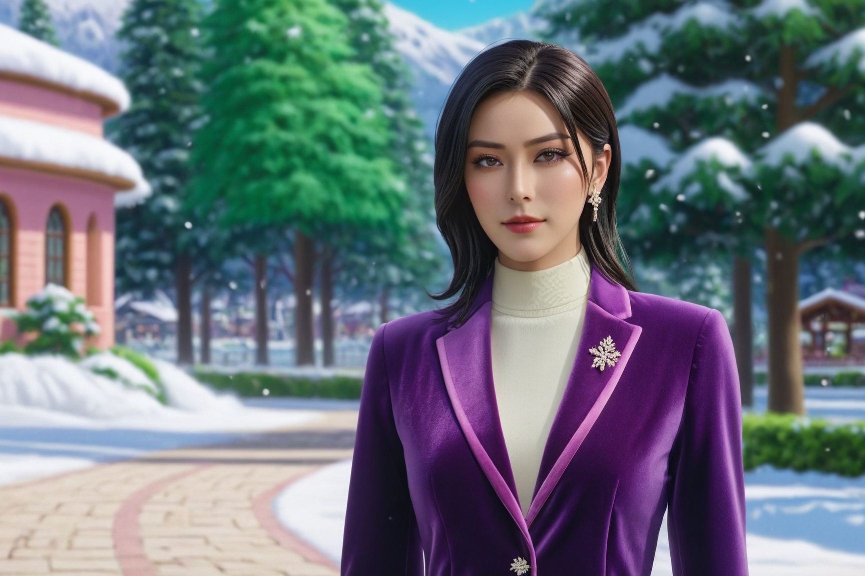 portrait of a sophisticated girl standing in front of resort center,  20yo,  alluring neighbor's wife on Tensor.Art