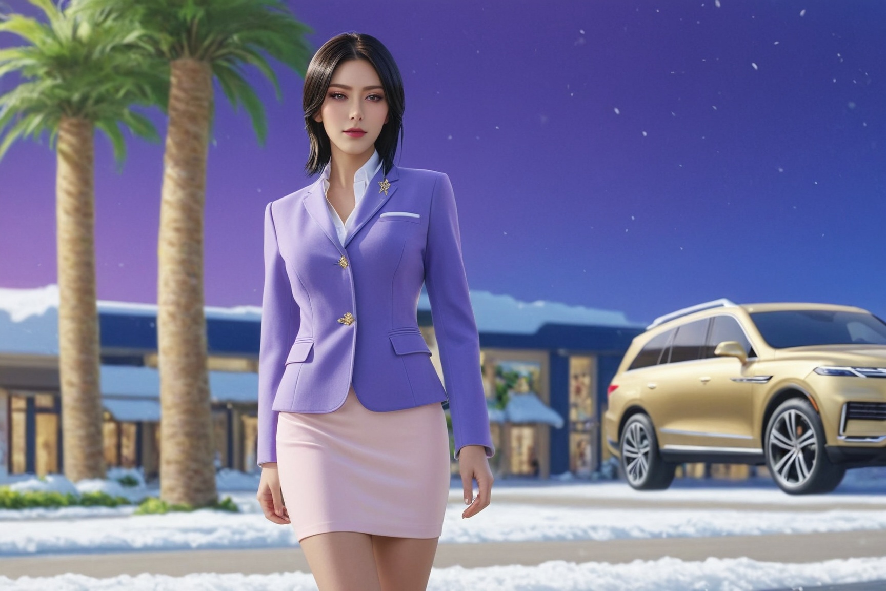 portrait of a sophisticated girl standing next to her luxury SUV,  20yo,  in the parking lot of resort center on Tensor.Art