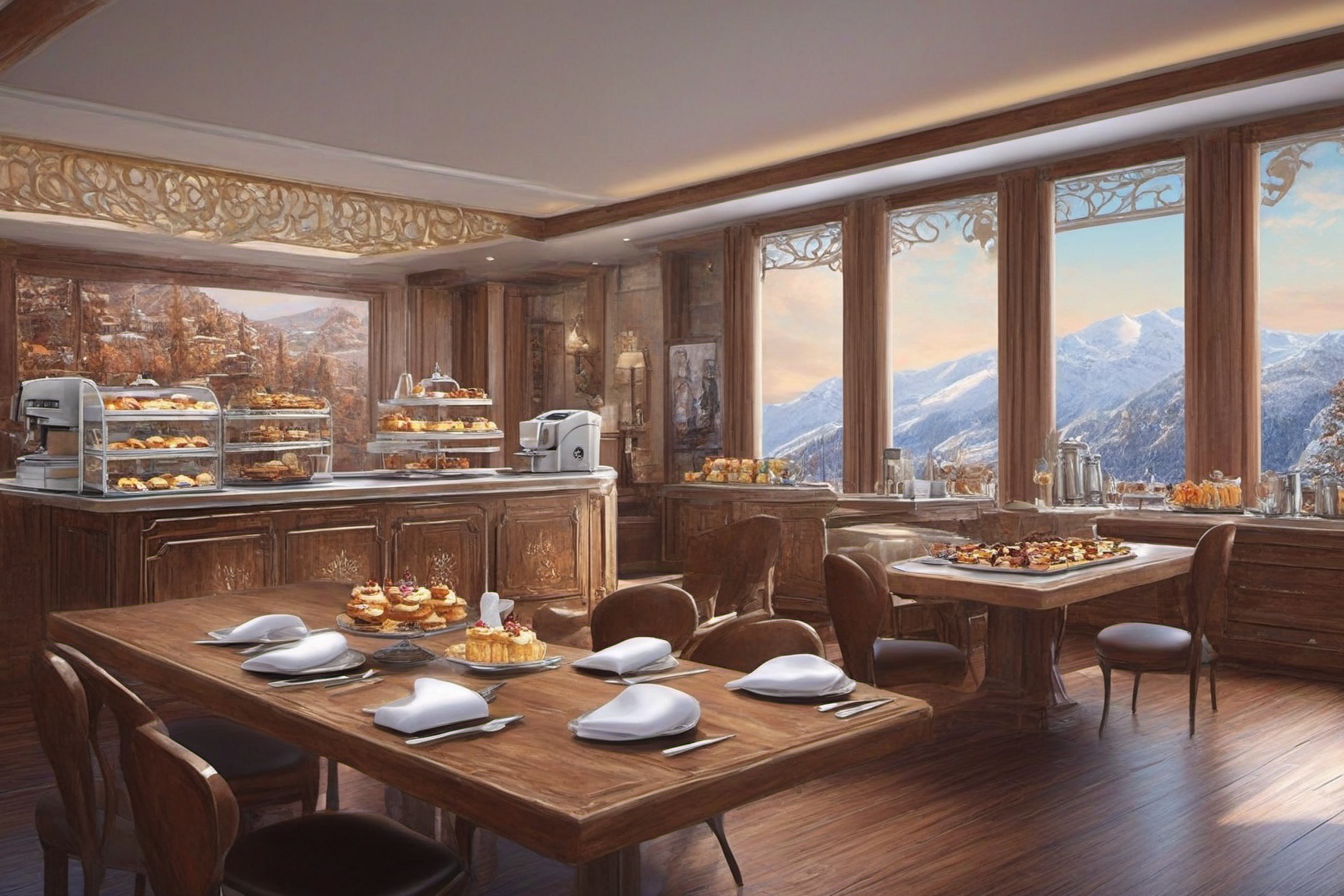 A ultra-realistic photo of cafe in winder resort cabin,  indoors,  (luxurious cafe including table on Tensor.Art