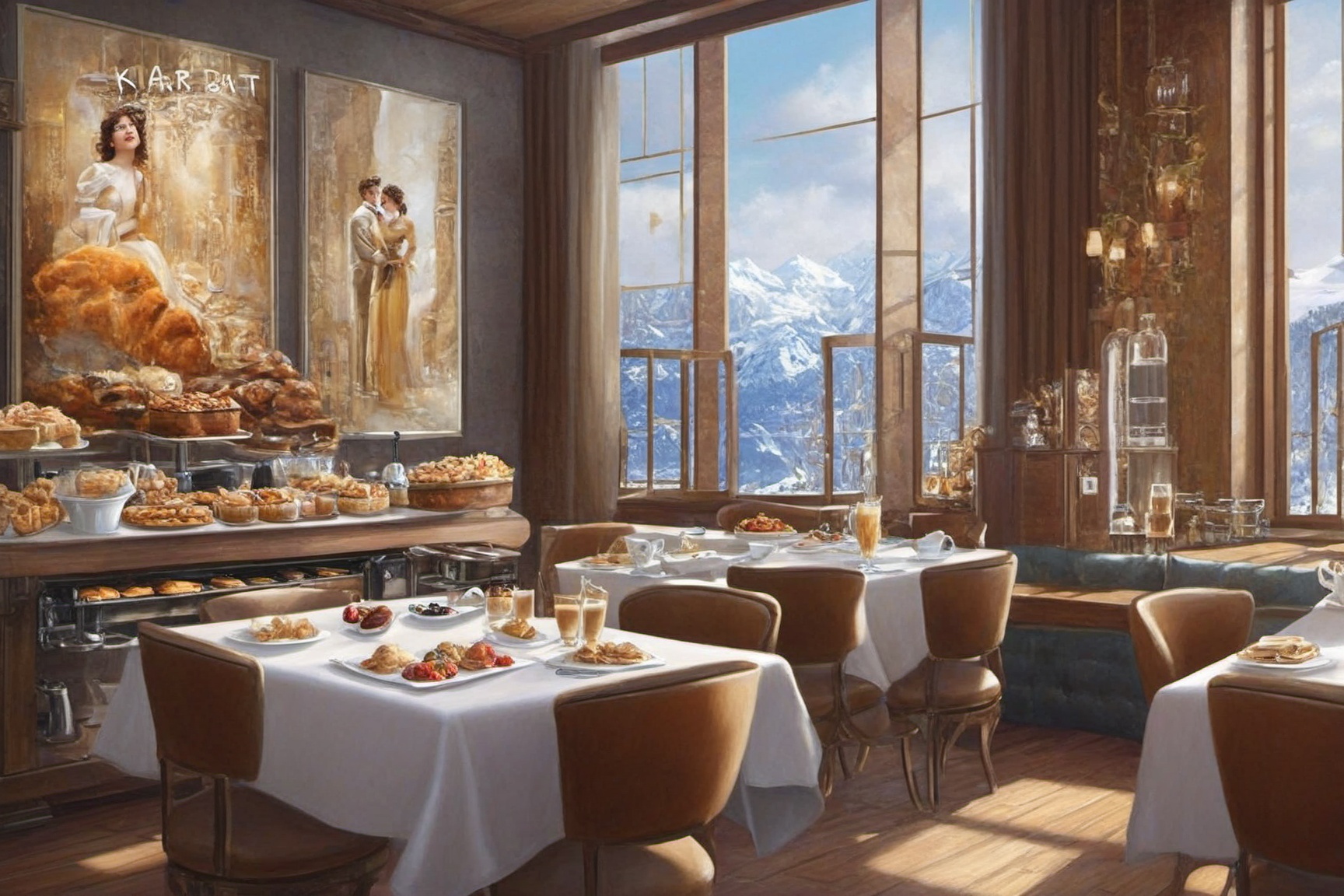 A ultra-realistic photo of cafe in winder resort cabin,  indoors,  (luxurious cafe including table on Tensor.Art