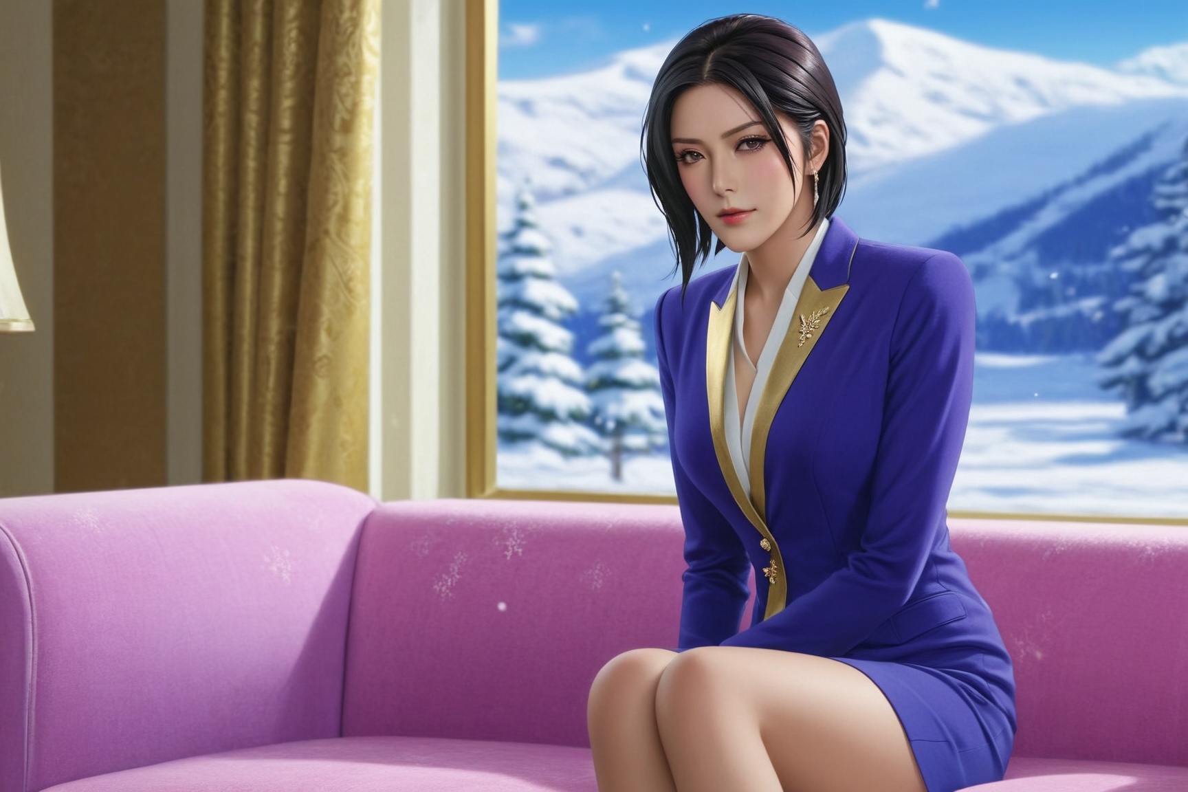 portrait of a sophisticated girl,  20yo,  sitting in the livingroom sofa of resort cabin on Tensor.Art