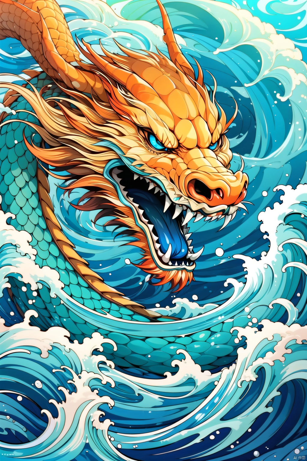 dragon,blue eyes,bubble,open mouth,sharp teeth,solo,teeth,water,waves