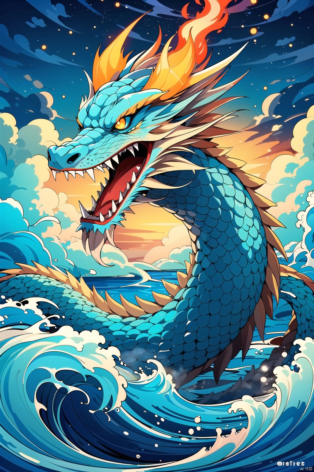 dragon,beach,blue fire,breathing fire,cloud,explosion,fire,glowing,lightning,ocean,open mouth,planet,sharp teeth,smoke,splashing,teeth,water,waves