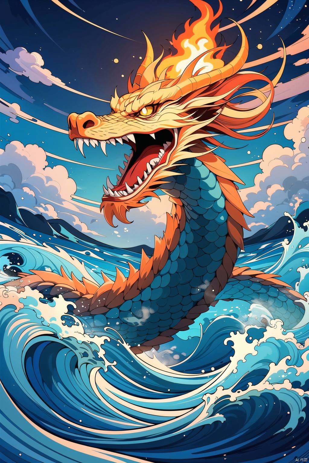 dragon,beach,blue fire,breathing fire,cloud,explosion,fire,glowing,lightning,ocean,open mouth,planet,sharp teeth,smoke,splashing,teeth,water,waves,red scarf