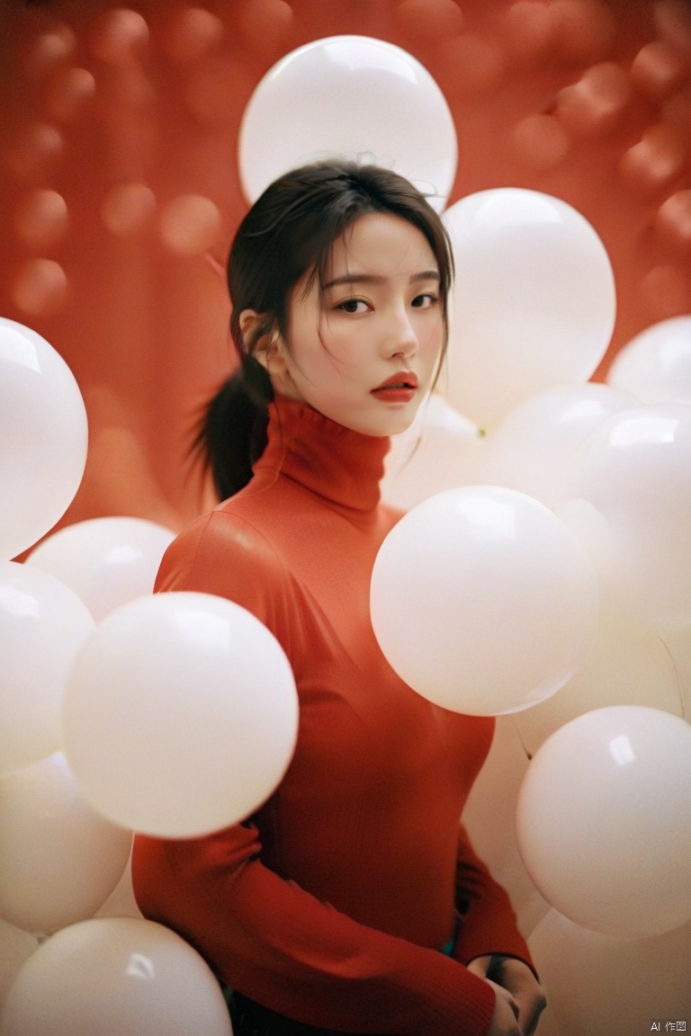  breathtaking cinematic film still,Cowboy_Shot,blouse,a cinematic fashion portrait photo of beautiful young woman from the 90s wearing a red turtleneck standing in the middle of a ton of white balloons,dramatic lighting,taken on a hasselblad medium format camera,looks like liuyifei,white balloon,shallow depth of field,vignette,highly detailed,high budget,bokeh,cinemascope,moody,epic,gorgeous,film grain,grainy . award-winning,professional,highly detailed,sc,monkren,, monkren
