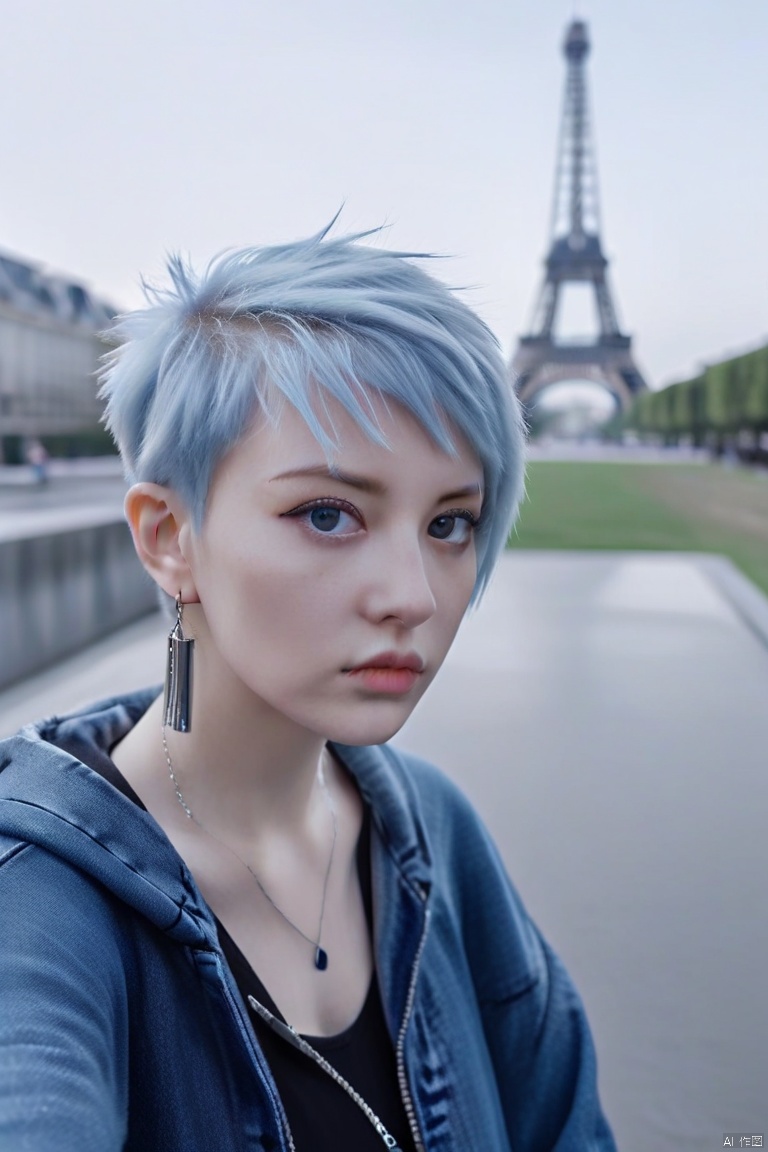 medium shot, pov, taking selfie, girl, Holo Punk Style, 
razorcut long blonde pixie haircut, side hair shaved, ocean blue eyes, earrings, eyelashes, 
eyeliner, oversize hoodie, denim shorts, punkish, cinematic angle, Eiffel tower on background