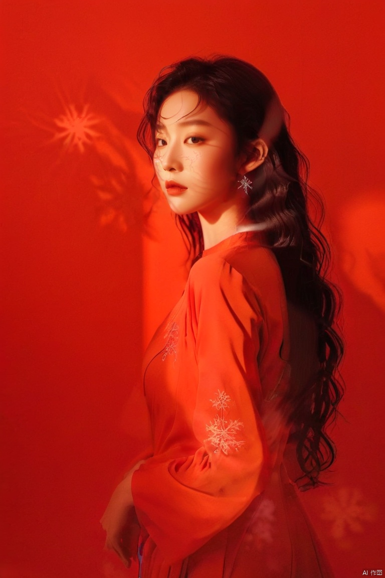  A young model in Chinese dress poses with her arms leisurely, in front of divine light with silhouette light illuminating the edges of the long curly hair, snowflake, solid color red background, Excellent skin texture, gaze deeply, cheerful atmosphere, in the style of eye-catching resin jewelry, Beauty product advertising, photo studio, matte photo, minimalist beauty, meticulous linework precision, feminine beauty,