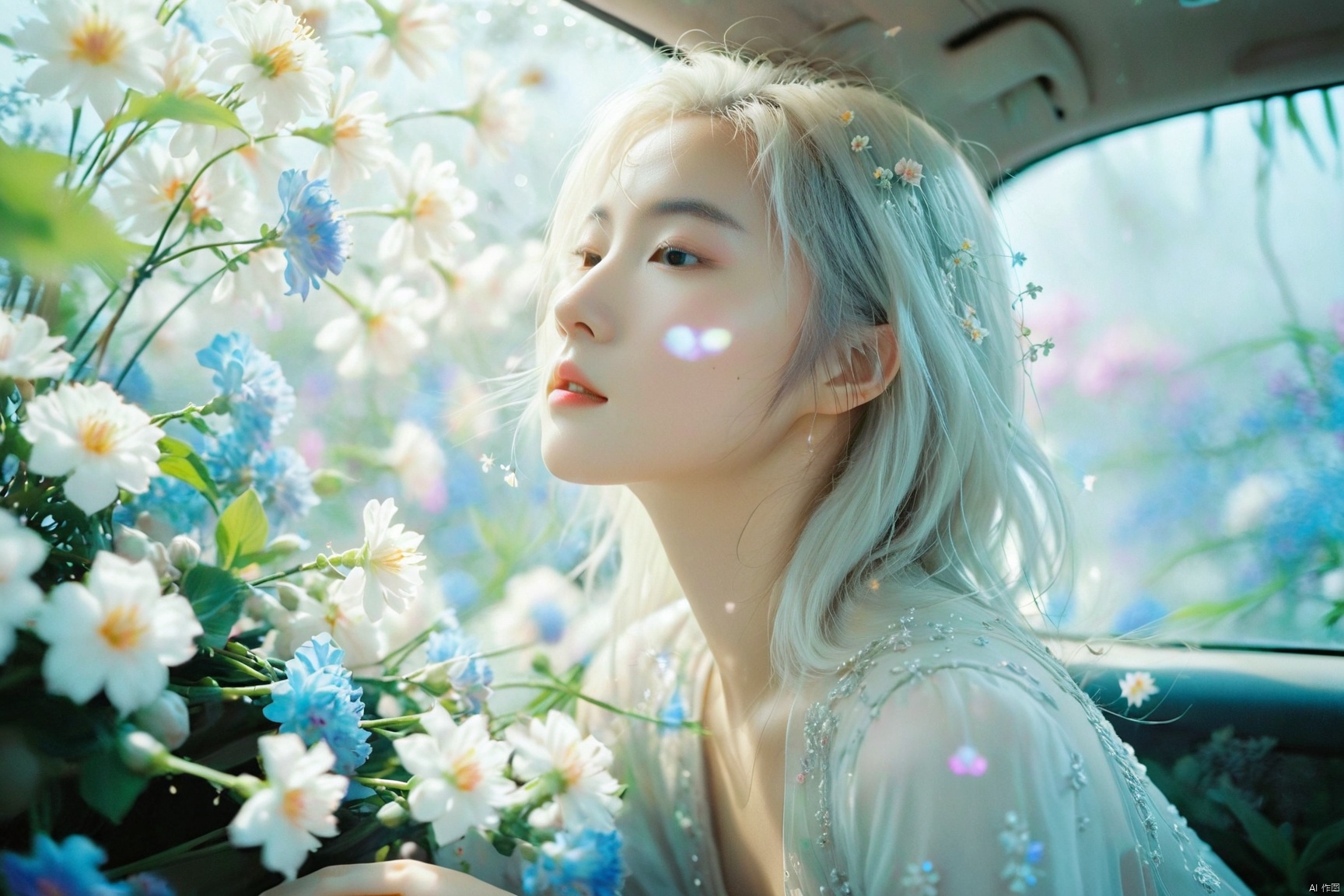  breathtaking ethereal fantasy concept art of cinematic film still,chinese girl,a girl with white hair sitting in car filled with flowers,art by Rinko Kawauchi,in the style of naturalistic poses,vacation dadcore,youth fulenergy,a cool expression,body extensions,flowersin the sky,****og film,super detail,dreamy lofi photography,colourful,covered in flowers andvines,Inside view,shot on fujifilm XT4 . shallow depth of field,vignette,highly detailed,high budget,bokeh,cinemascope,moody,epic,gorgeous,film grain,grainy . magnificent,celestial,ethereal,painterly,epic,majestic,magical,fantasy art,cover art,dreamy,monkren, . award-winning, professional, highly detailed, light master, monkren, sunlight, liu yifei