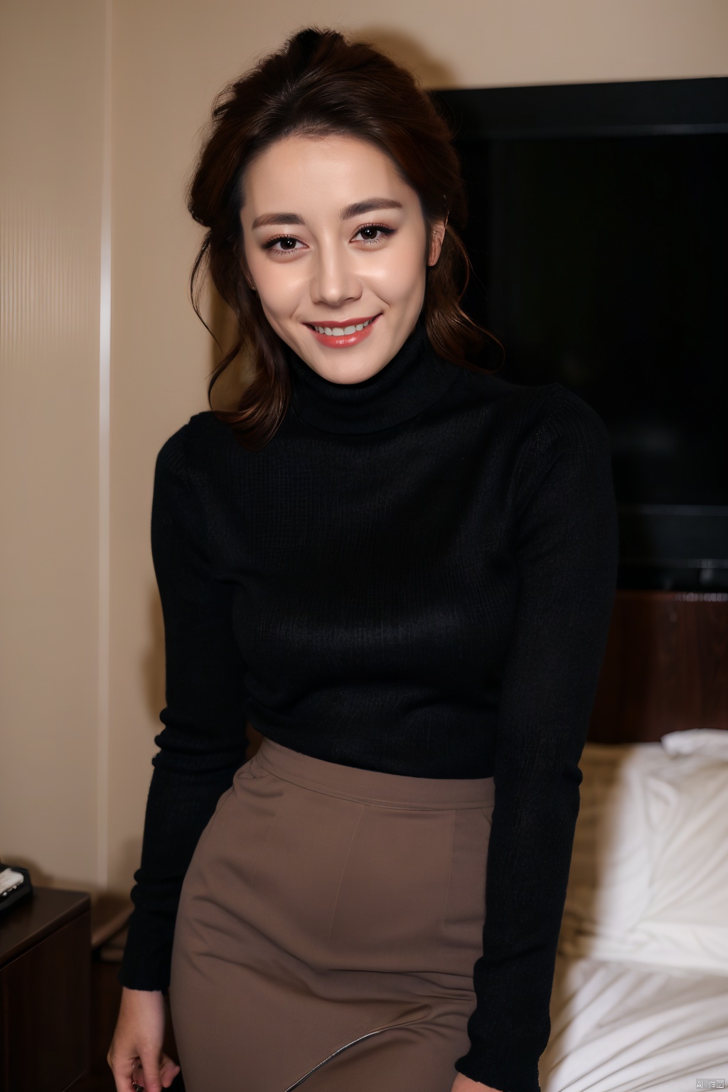  PHOTOREALISTIC REALISTIC, masterpiece, best quality, highres, ultra detailed, 8k,1woman,black turtleneck,skirt,cowboy shot,hotel room,(strobe lighting:1.2),looking at viewer,makeup,smile, dilireba