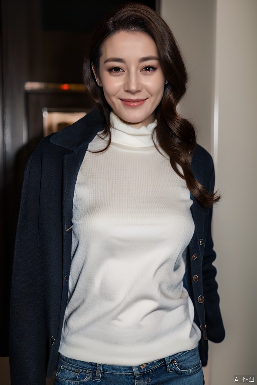  PHOTOREALISTIC REALISTIC, masterpiece, best quality, highres, ultra detailed, 8k,1woman,turtleneck,pants,cowboy shot,hotel room,(strobe lighting:1.2),looking at viewer,makeup,smile, dilireba