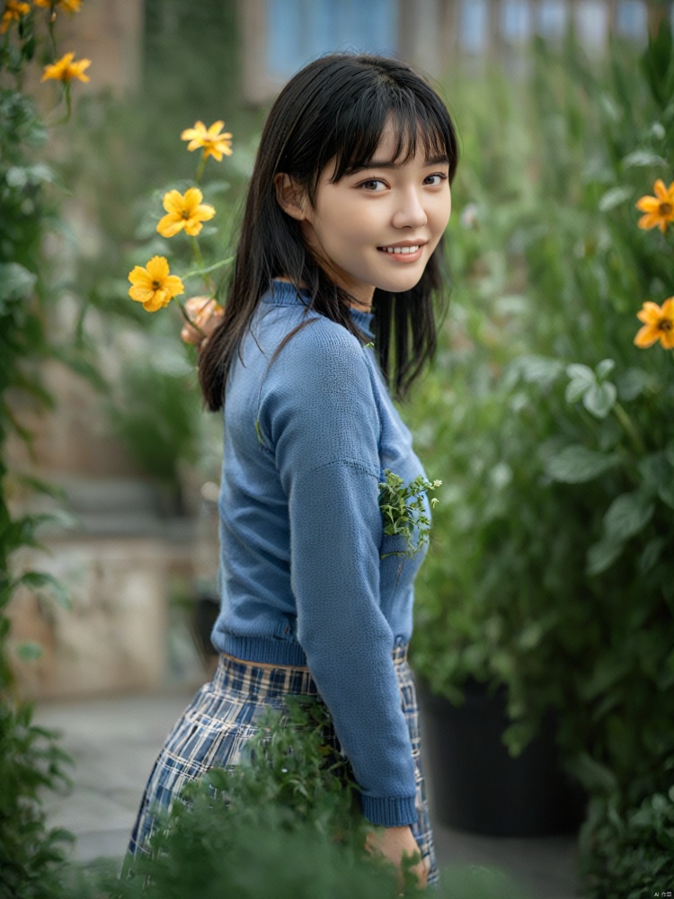  1girl, solo, looking at viewer, smile, bangs, skirt, black hair, long sleeves, holding, standing, flower, outdoors, grin, blurry, black eyes, sweater, blue skirt, plaid, cosplay, depth of field, blurry background, turtleneck, plaid skirt, plant, blue flower, stairs, realistic, potted plant, flower pot