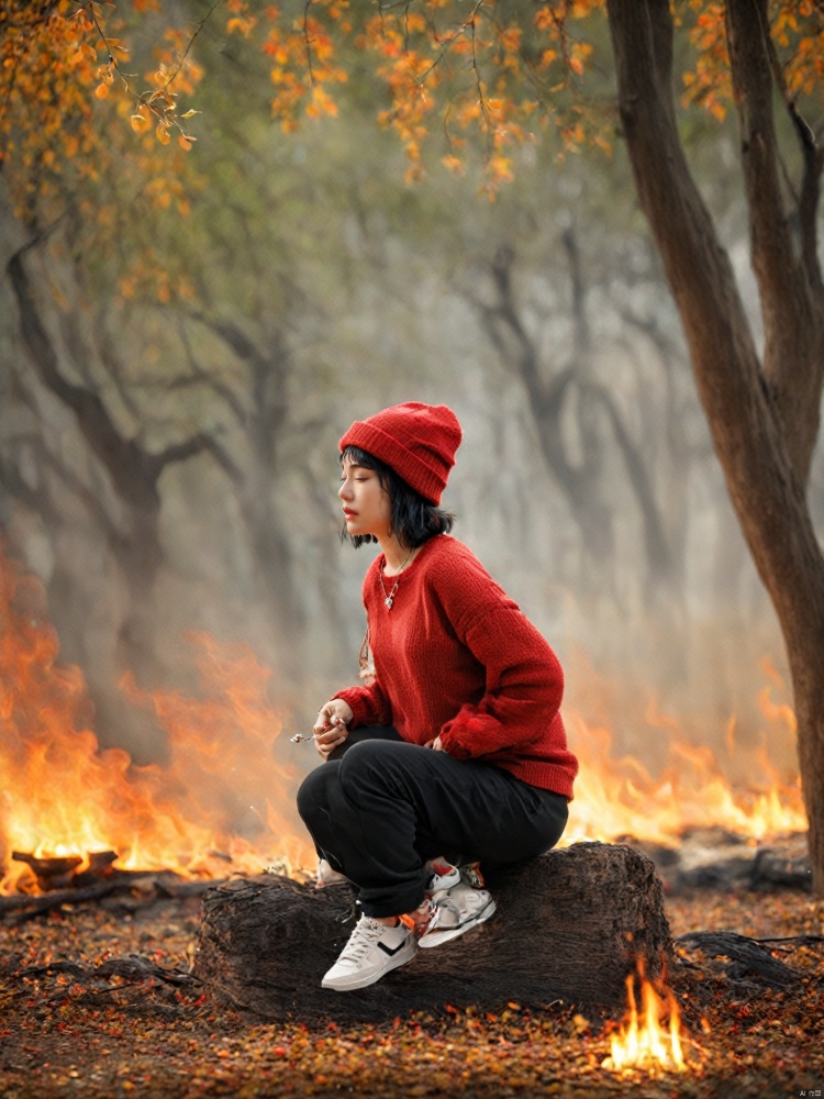  1girl, solo, short hair, bangs, black hair, long sleeves, hat, holding, jewelry, full body, closed eyes, outdoors, shoes, pants, necklace, blurry, sweater, tree, lips, profile, black pants, squatting, fire, sneakers, realistic, beanie, red sweater, pouring
