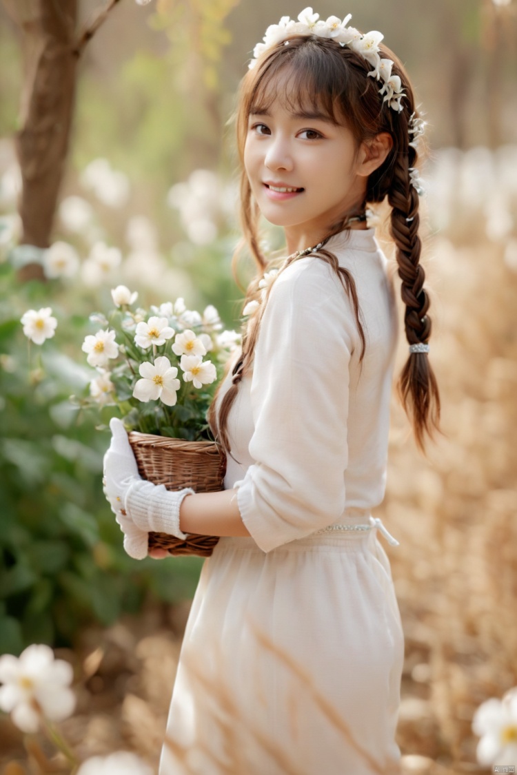  1girl, solo, long hair, looking at viewer, smile, bangs, brown hair, gloves, holding, jewelry, braid, flower, outdoors, white gloves, blurry, arm up, twin braids, bracelet, white flower, basket